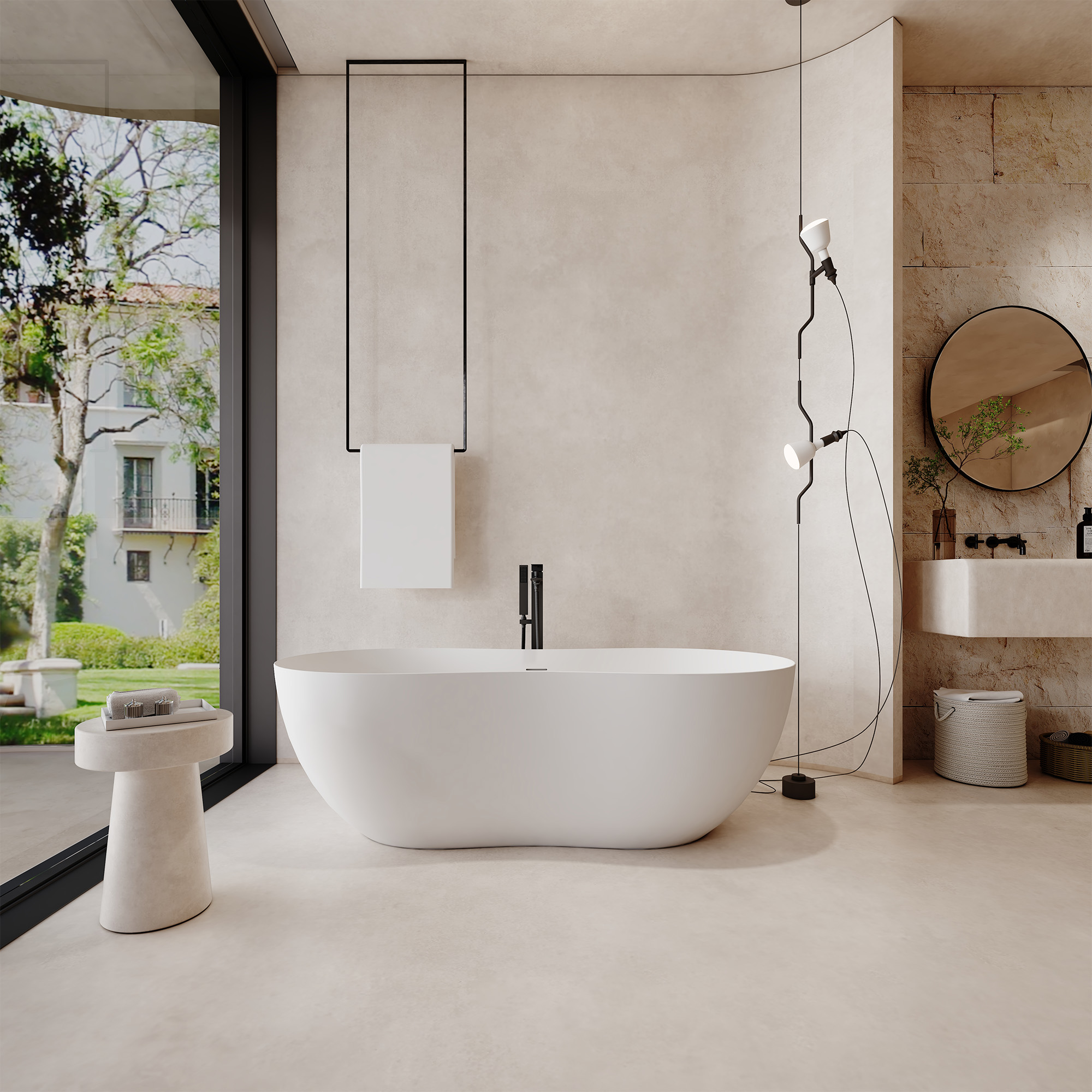 67" Solid Surface Freestanding Soaking Bathtub with Unique Peanut Shape