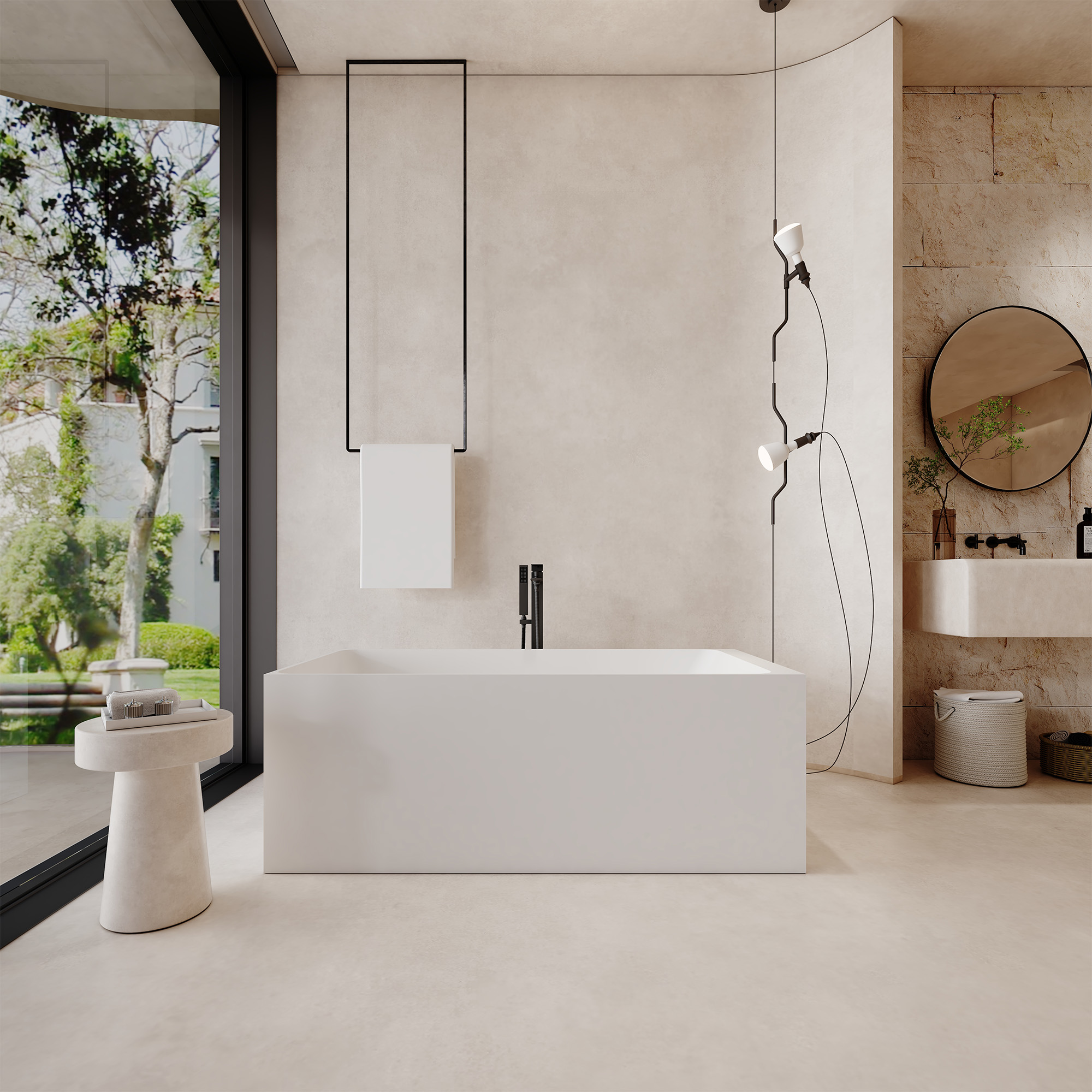 59" Rectangular Solid Surface Freestanding Bathtub with Sloped Backrest