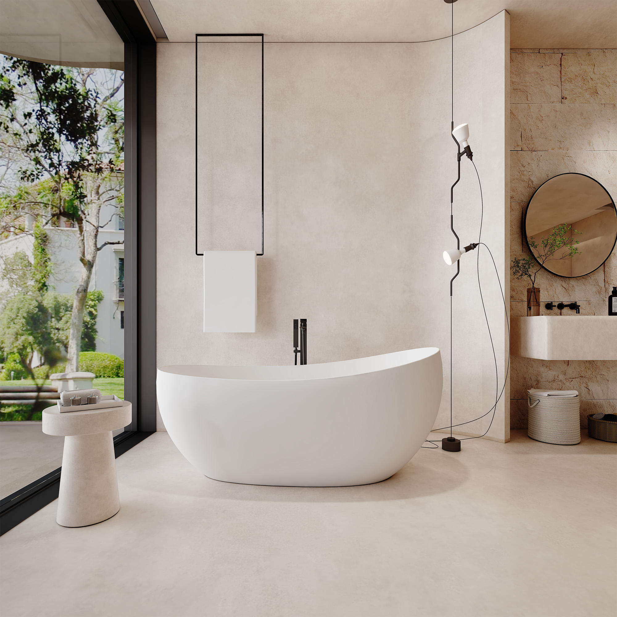 63" Solid Surface Freestanding Soaking Bathtub with High Backrest