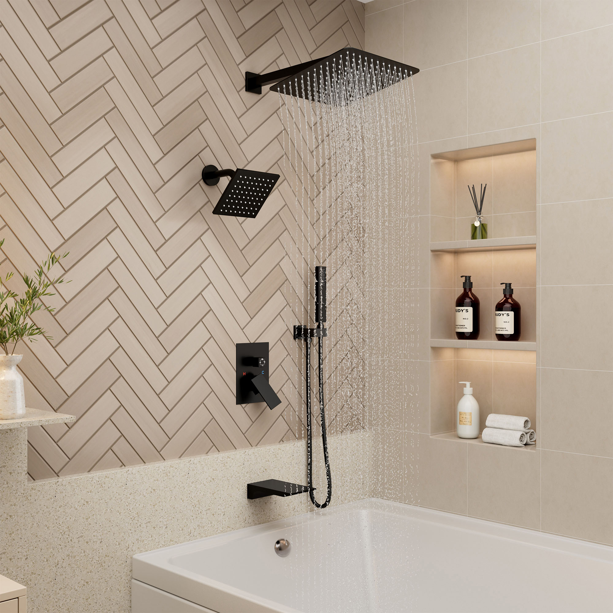 12-inch 4-Function Dual Shower Head System with Tub Spout