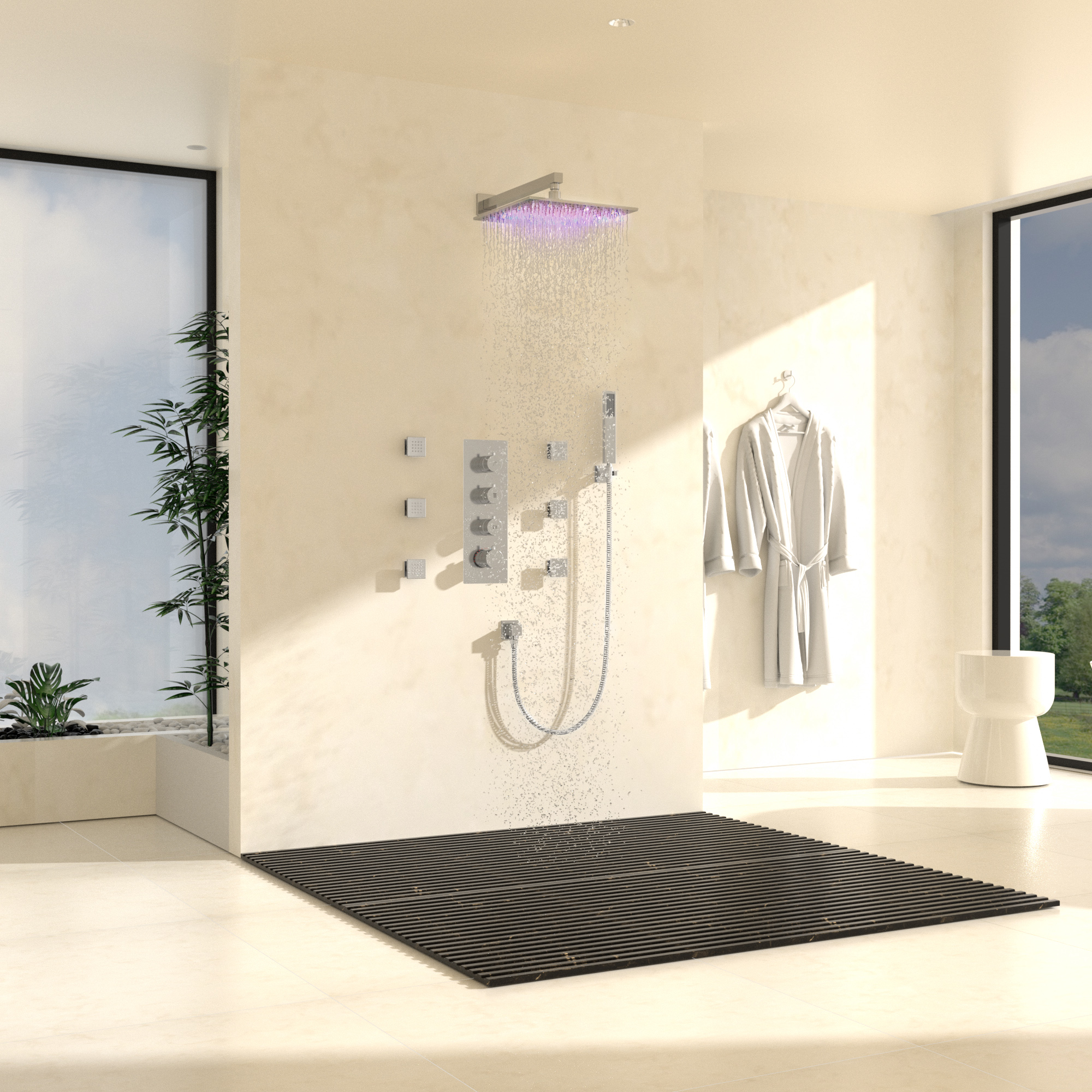 12" Thermostatic LED Shower System Wall-Mount Rain Showerhead with 6 Body Jets