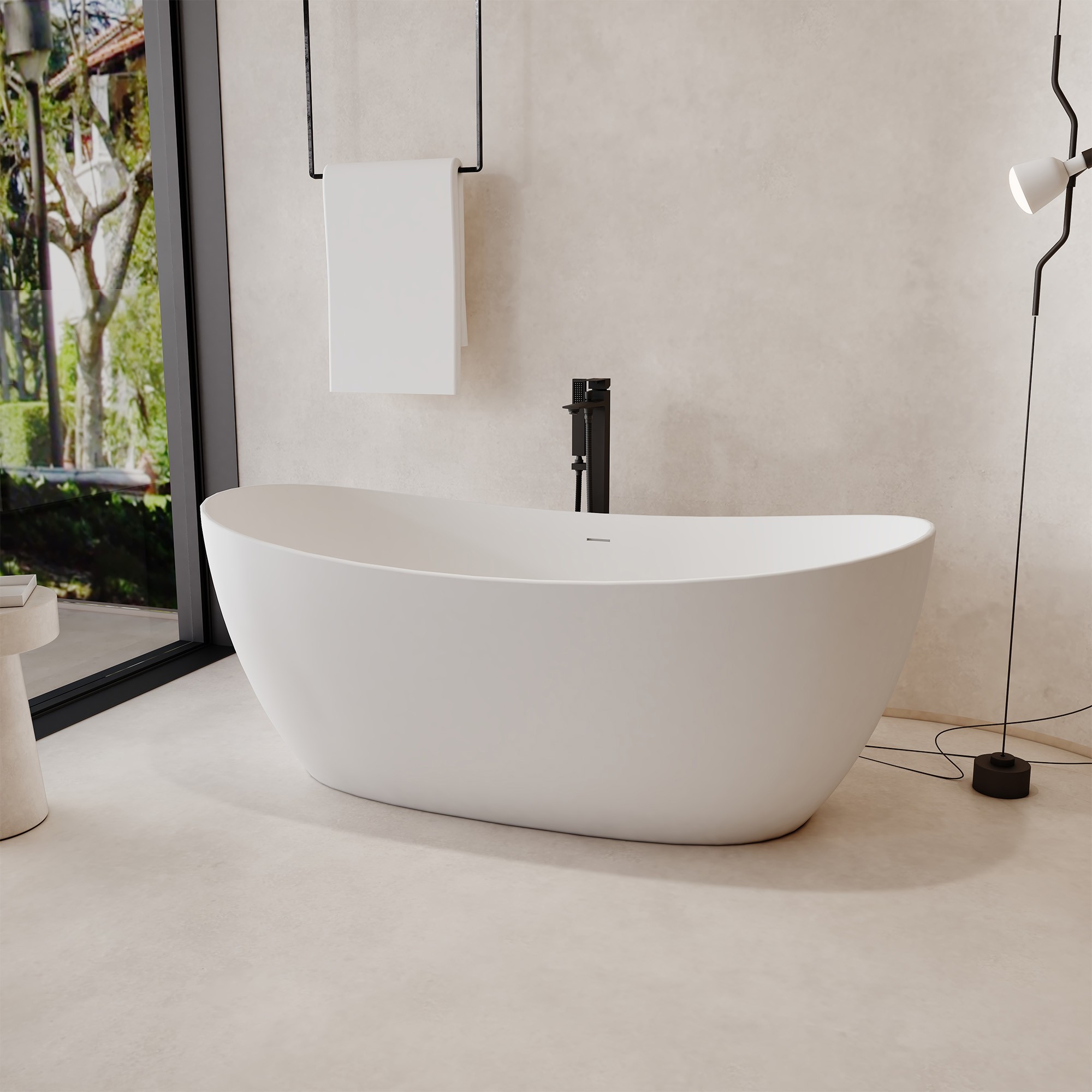 63" Freestanding Solid Surface Stone Bathtub with Symmetrical Moon Design - Crescent