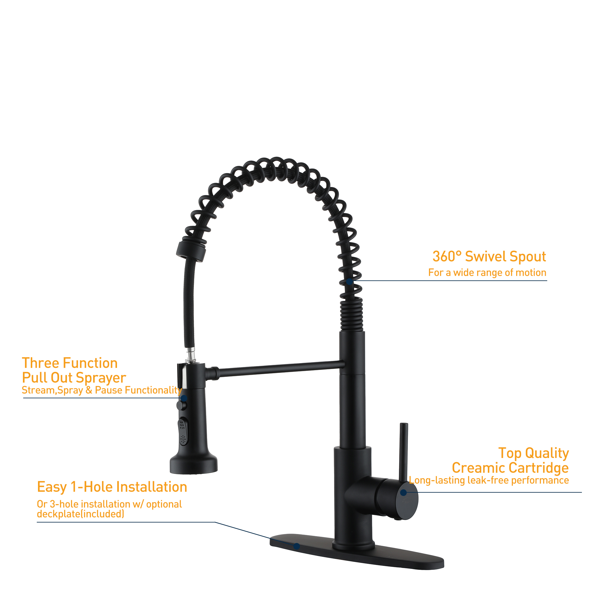 Pull-Down Kitchen Faucet Spring Design with Three-Function Sprayer and Deck Plate for Single or Three-Hole Installation