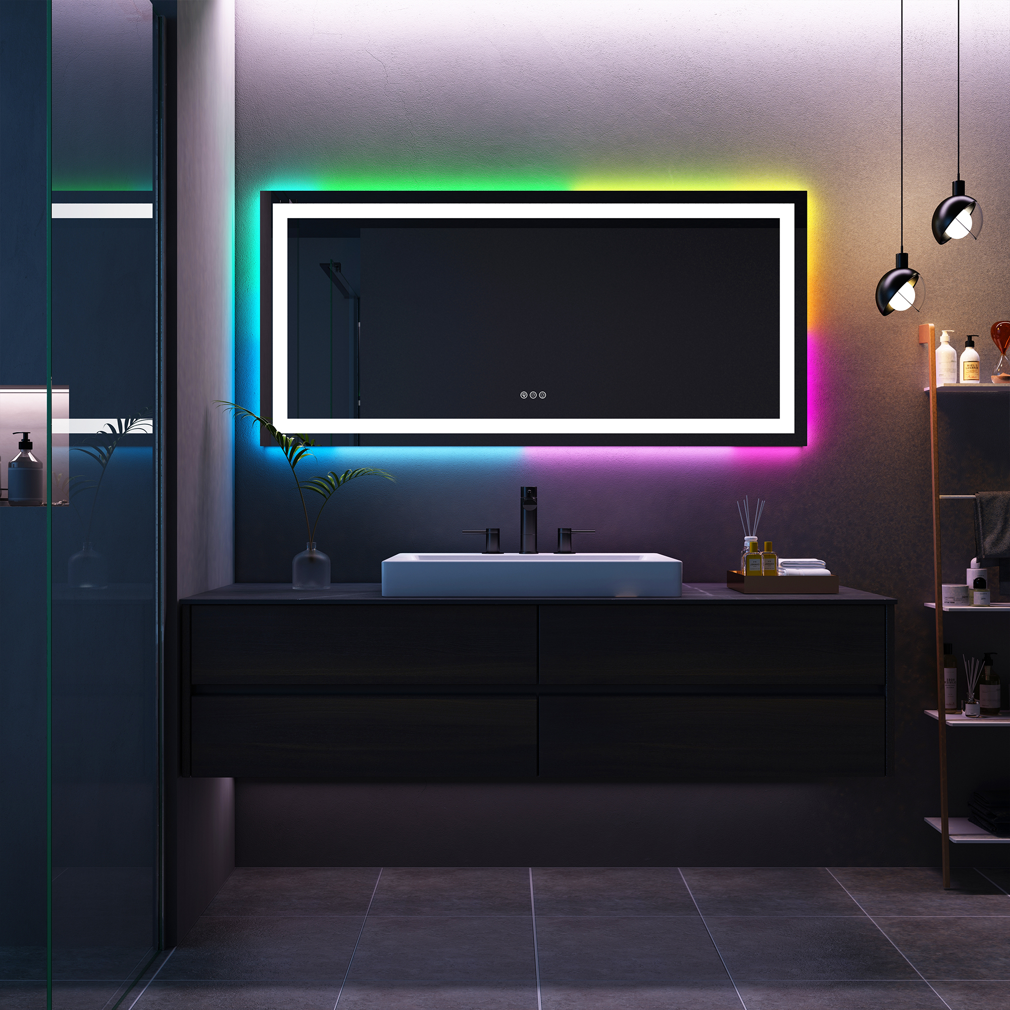 Tempered RGB LED Bathroom Mirror with Smart Controls & Anti-Fog