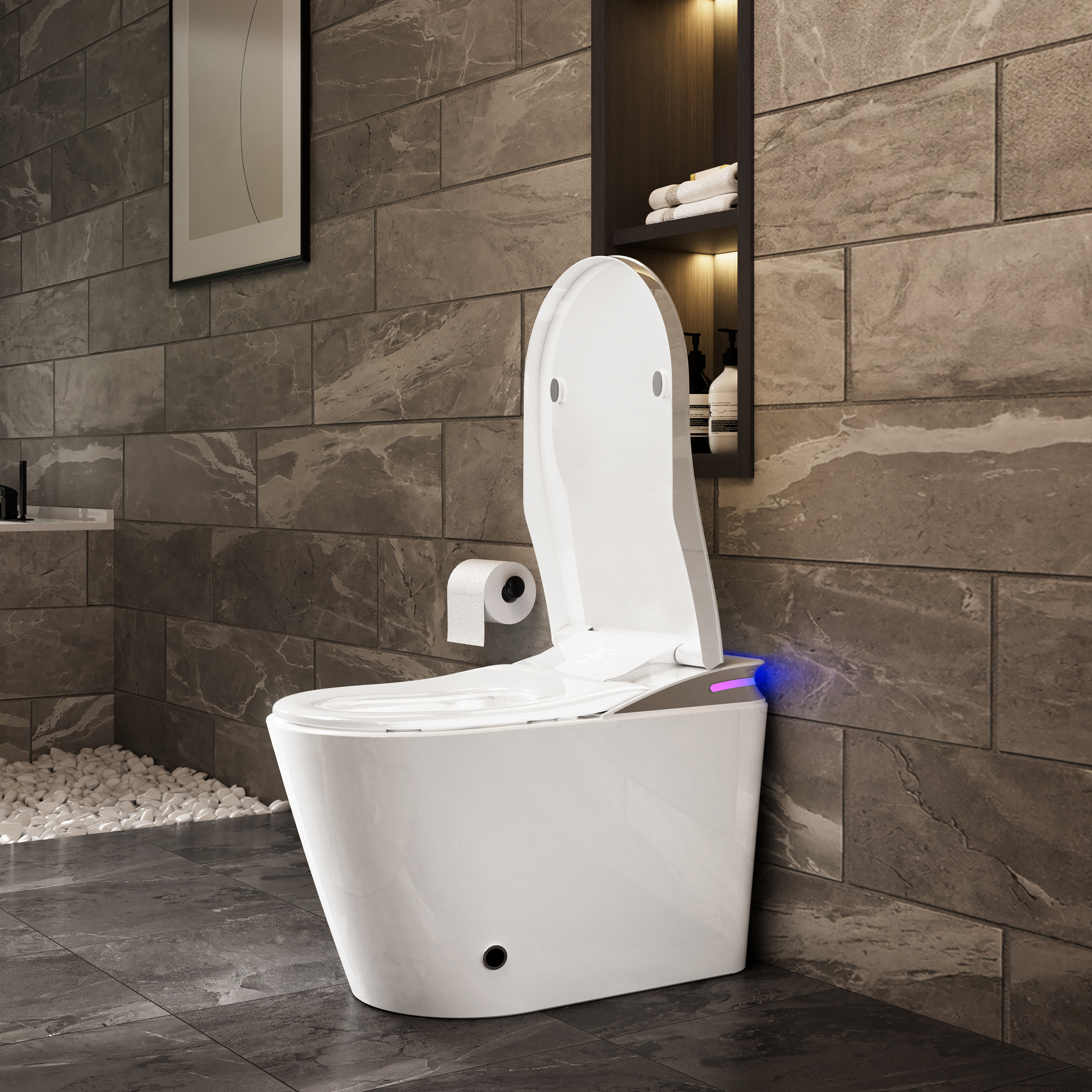 One-Piece Chair Height Elongated Smart Bidet Toilet with Auto Lid, Foam Shield Protection & Dual Flush