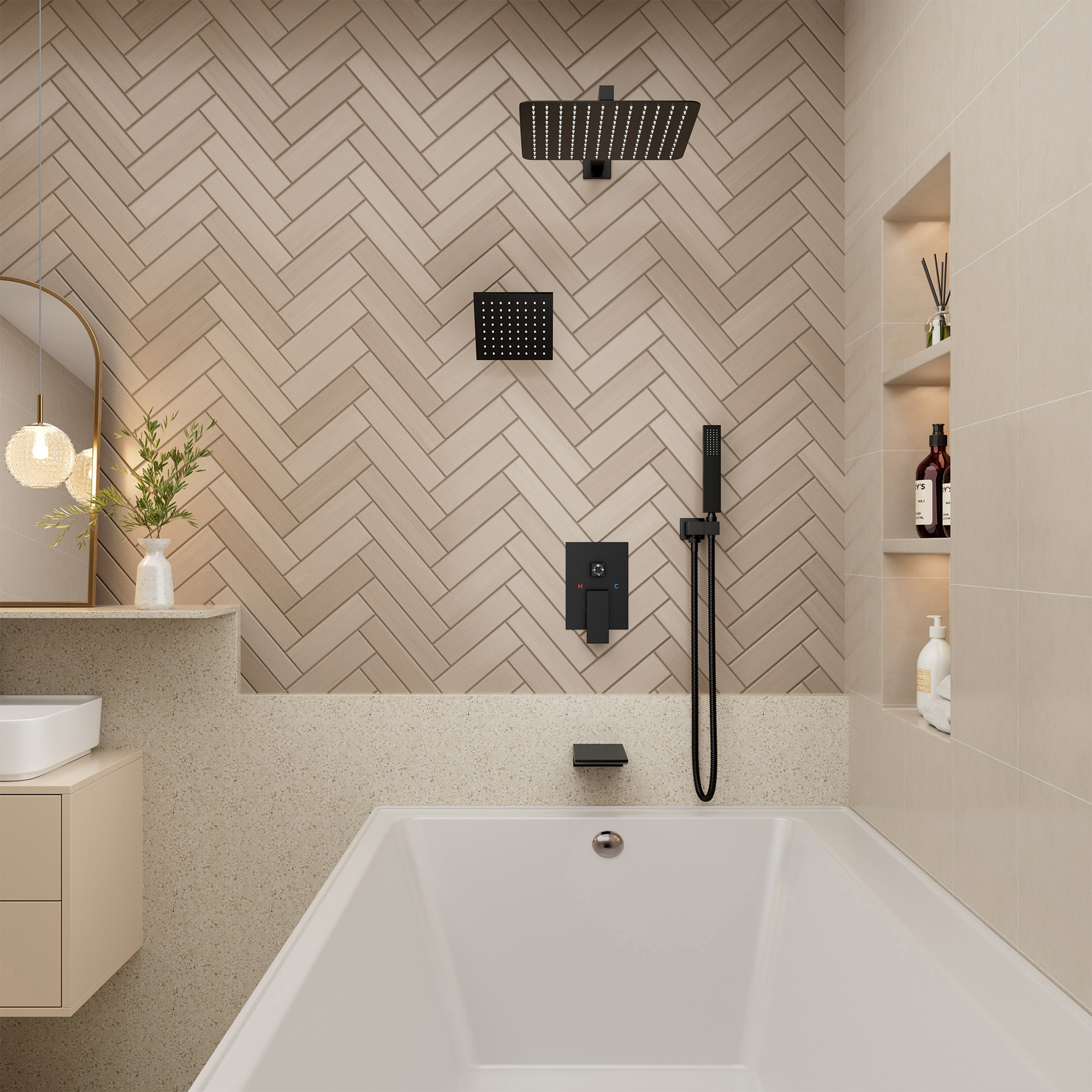 12-inch 4-Function Dual Shower Head System with Tub Spout