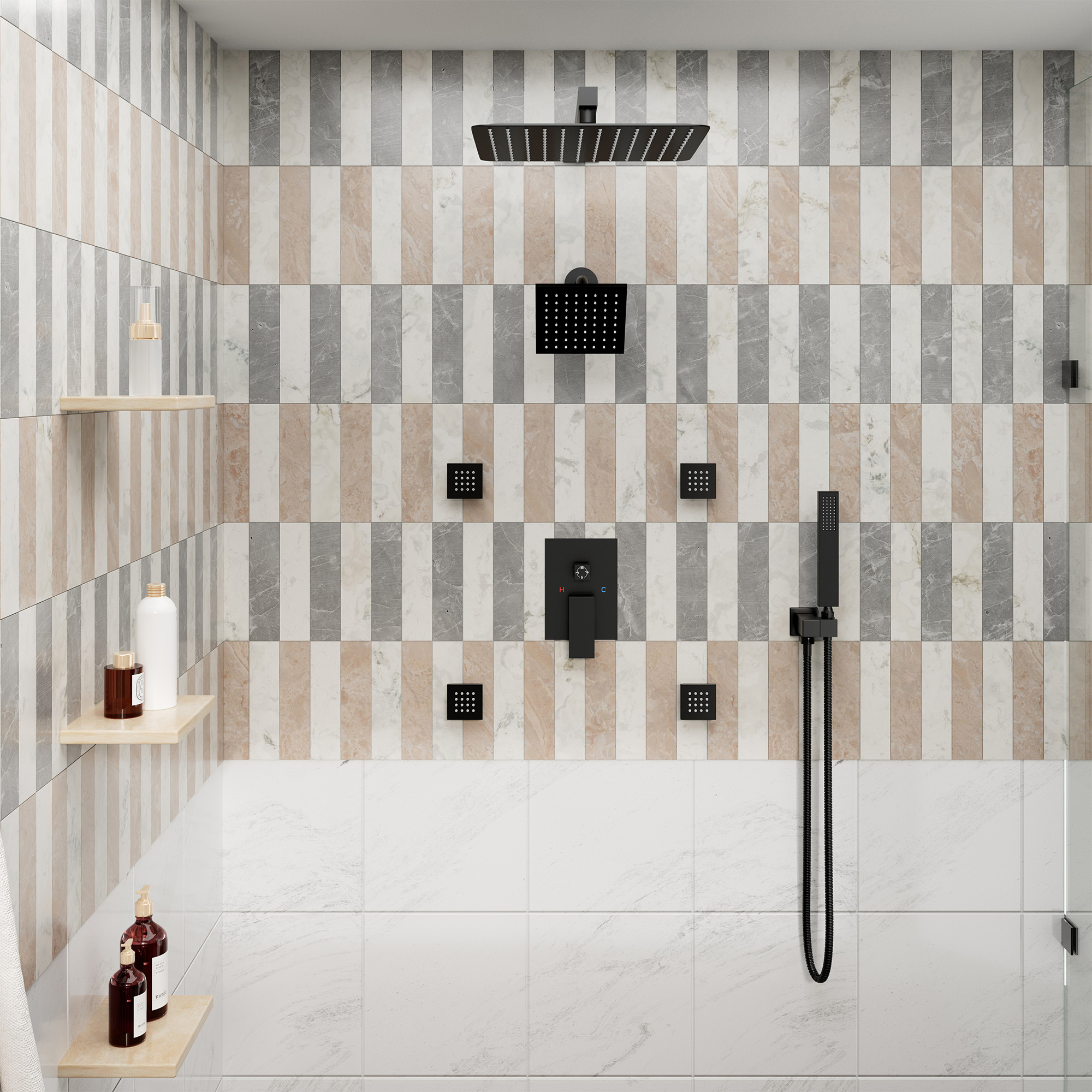 12-inch Wall-Mounted 4-Function Dual Shower System with Body Jets