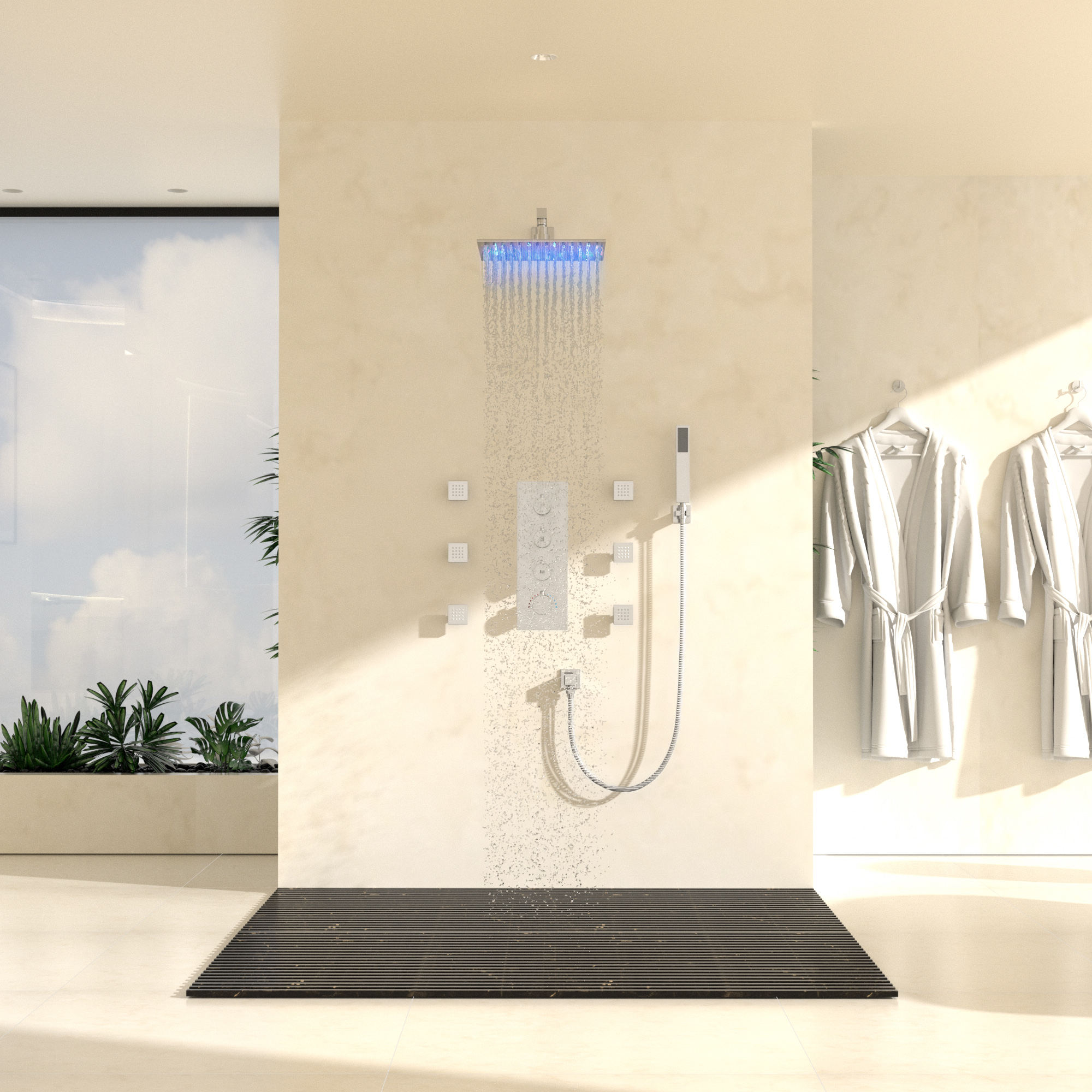 12" Thermostatic LED Shower System Wall-Mount Rain Showerhead with 6 Body Jets