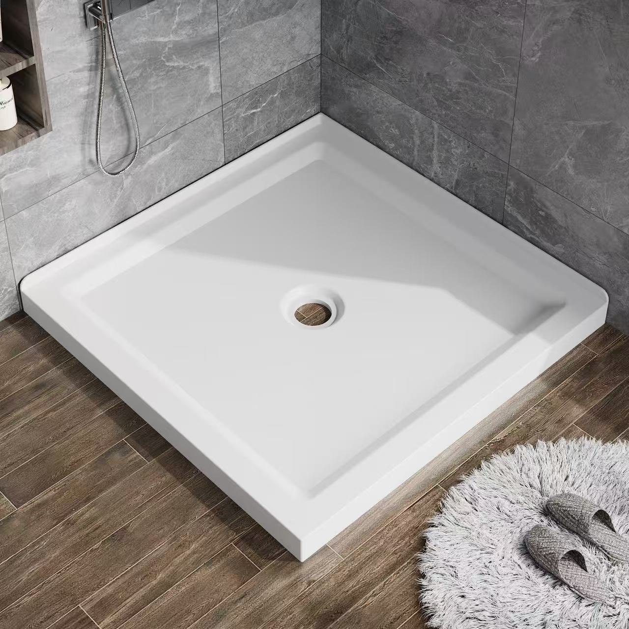36" x 36" White Double-Threshold Shower Base with Center Drain, Anti-Slip Acrylic Shower Pan