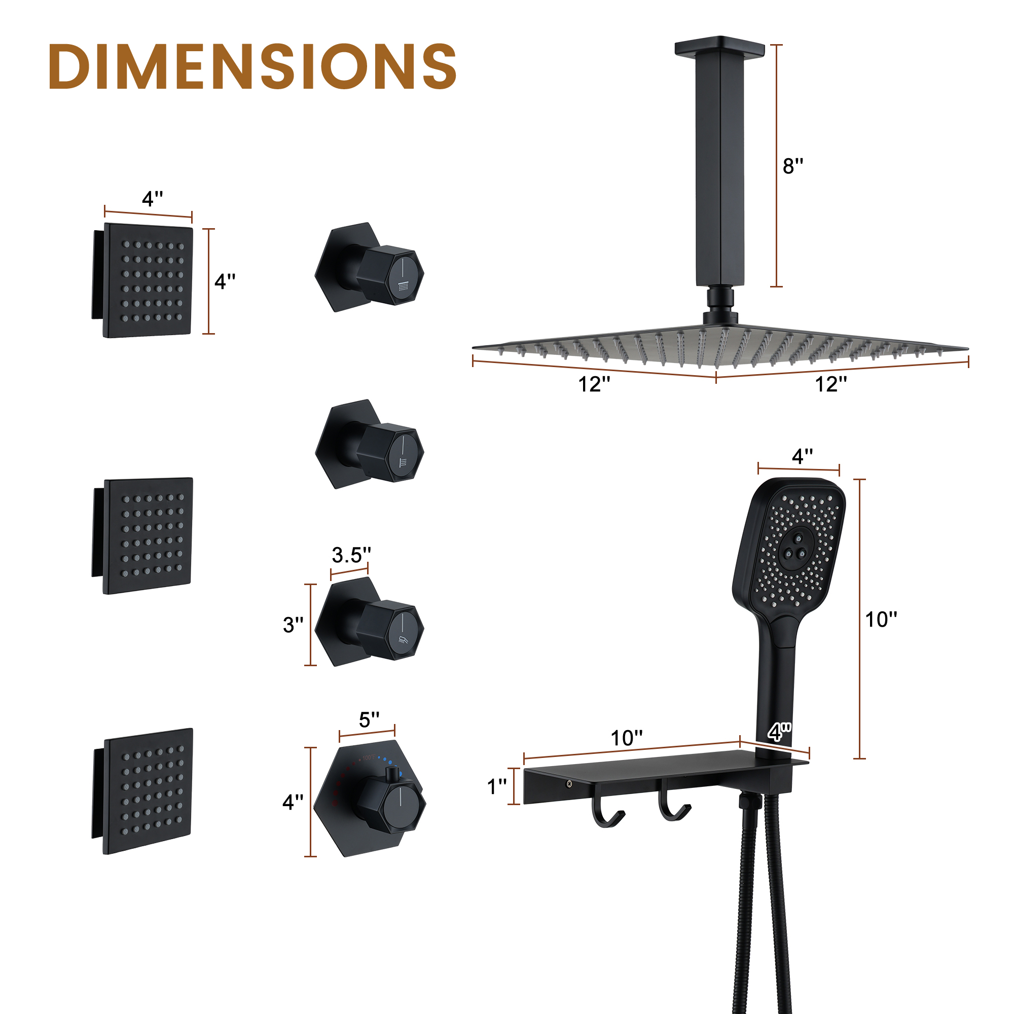 Ceiling Mount 3 Function Thermostatic Shower System with Rainfall Massage Jets