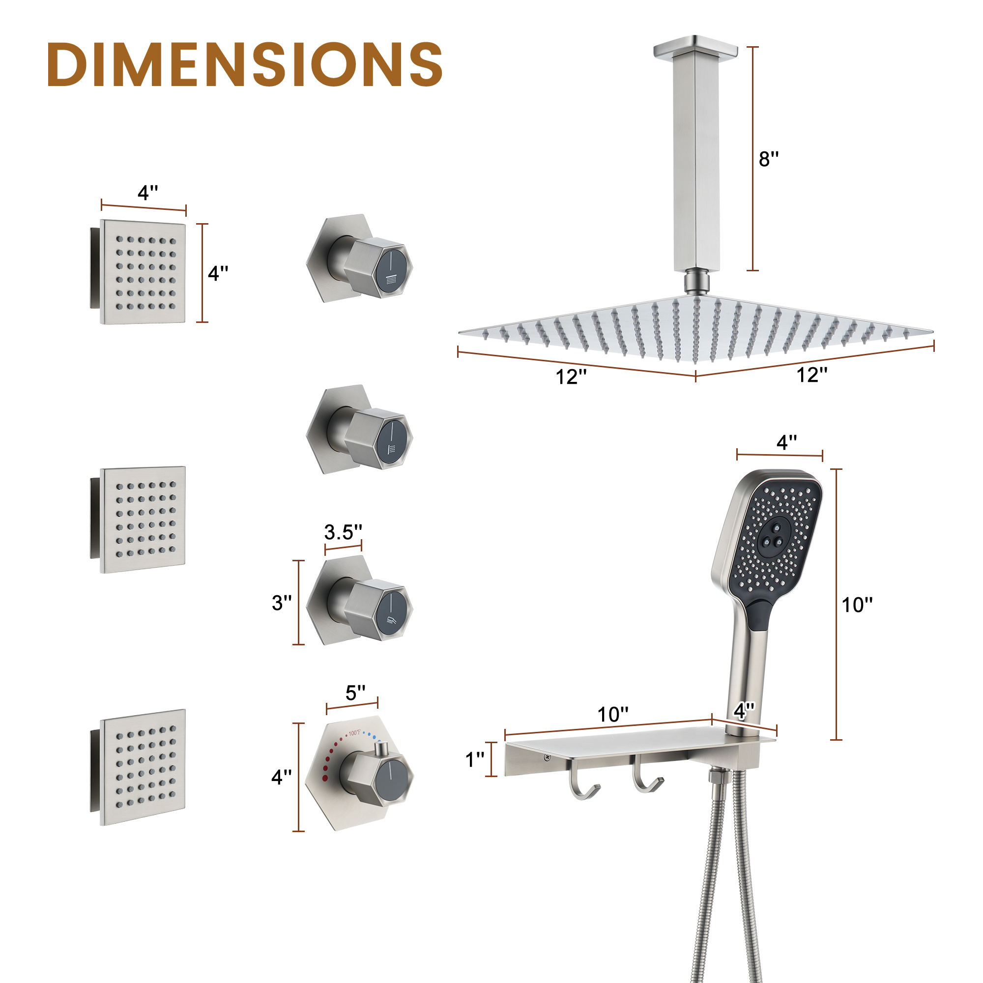 Ceiling Mount 3 Function Thermostatic Shower System with Rainfall Massage Jets
