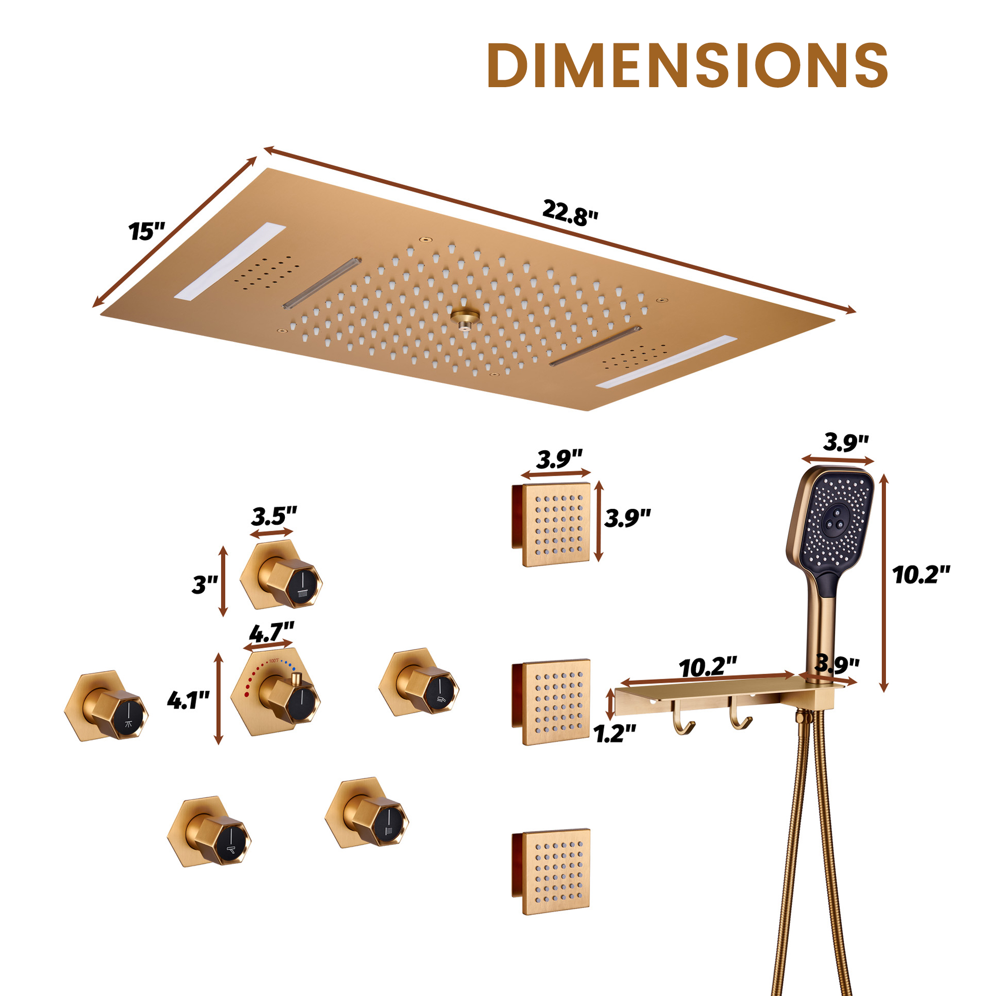 22.8" x 15" Luxury Thermostatic Ceiling-Mount Shower System with 64-Color LED Lights