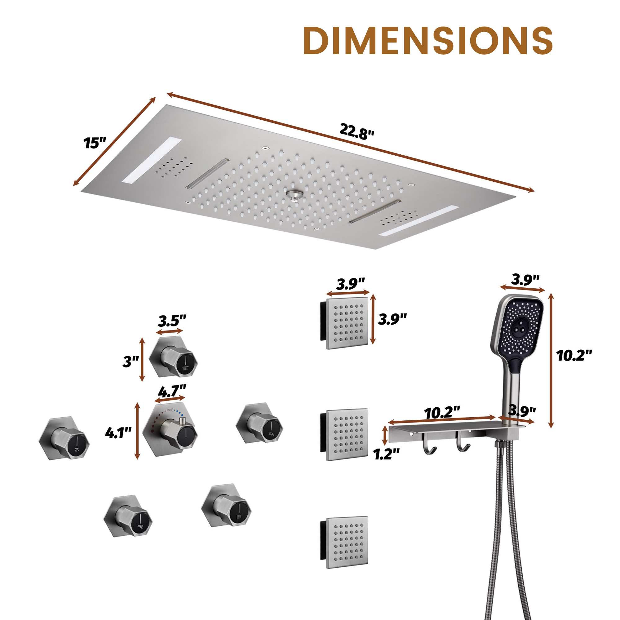 22.8" x 15" Luxury Thermostatic Ceiling-Mount Shower System with 64-Color LED Lights