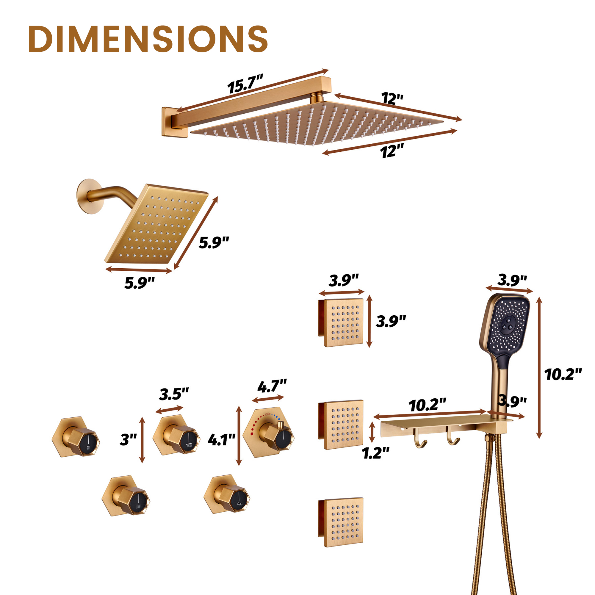 12" Dual Shower Head System with with 360° Side Sprays & Shelving Shower Holder