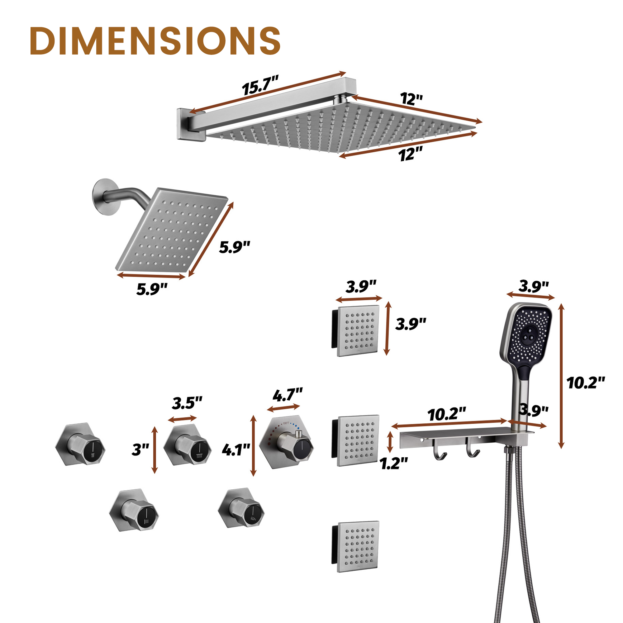 12" Dual Shower Head System with with 360° Side Sprays & Shelving Shower Holder