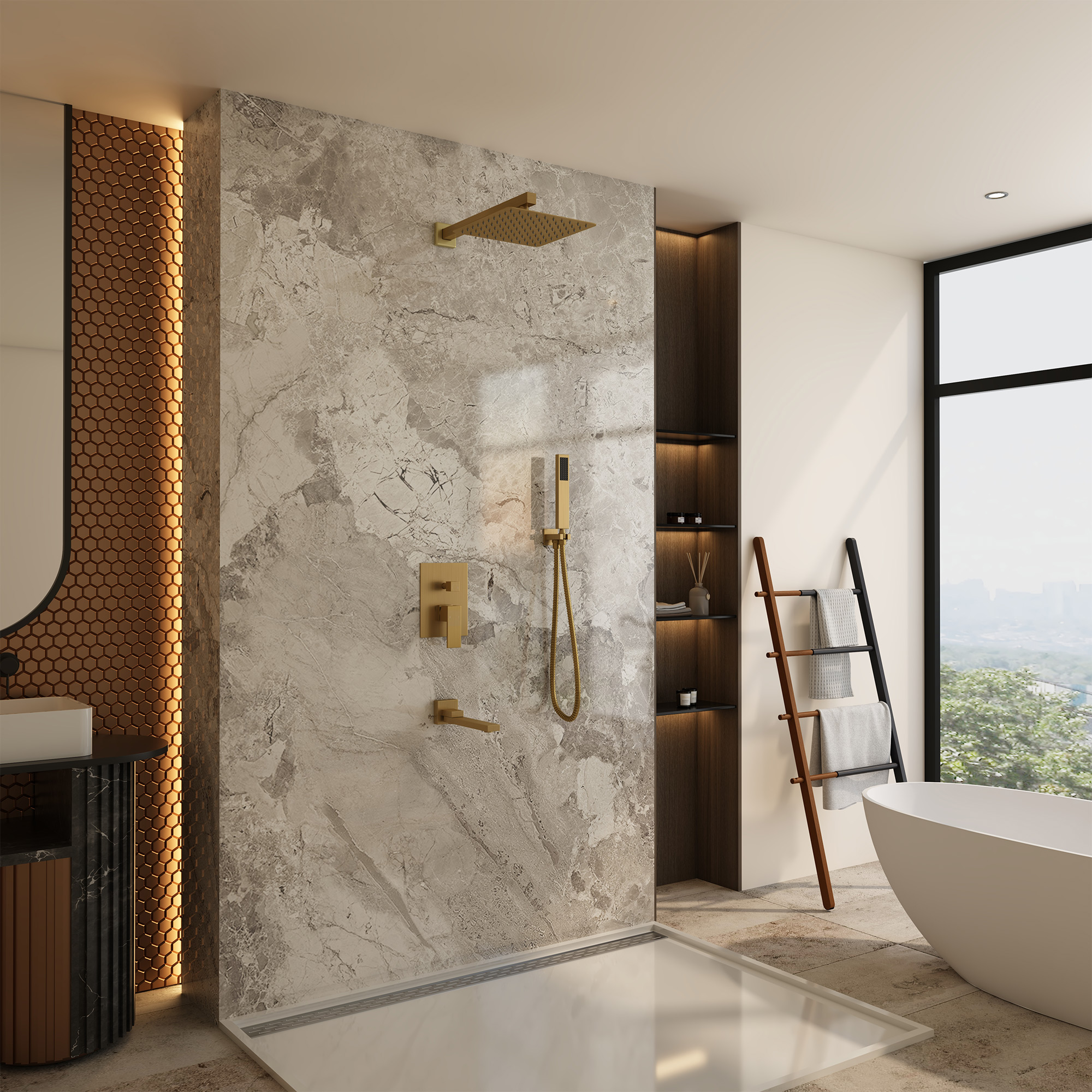 10" Wall Mounted Dual Shower Head Rain Shower System with Tub Spout