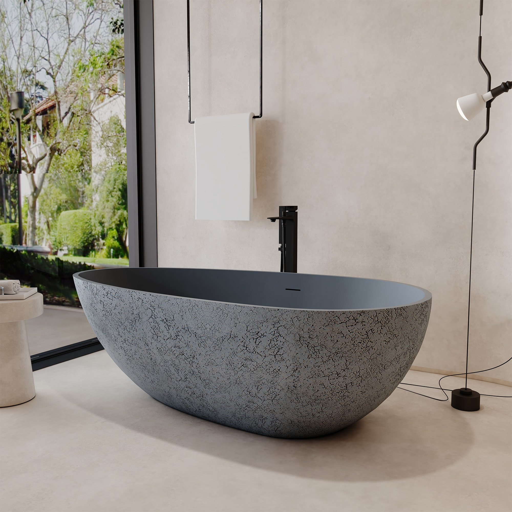 59" Freestanding Resin Stone Soaking Bathtub with Cement-Colored Body and Outer Dot
