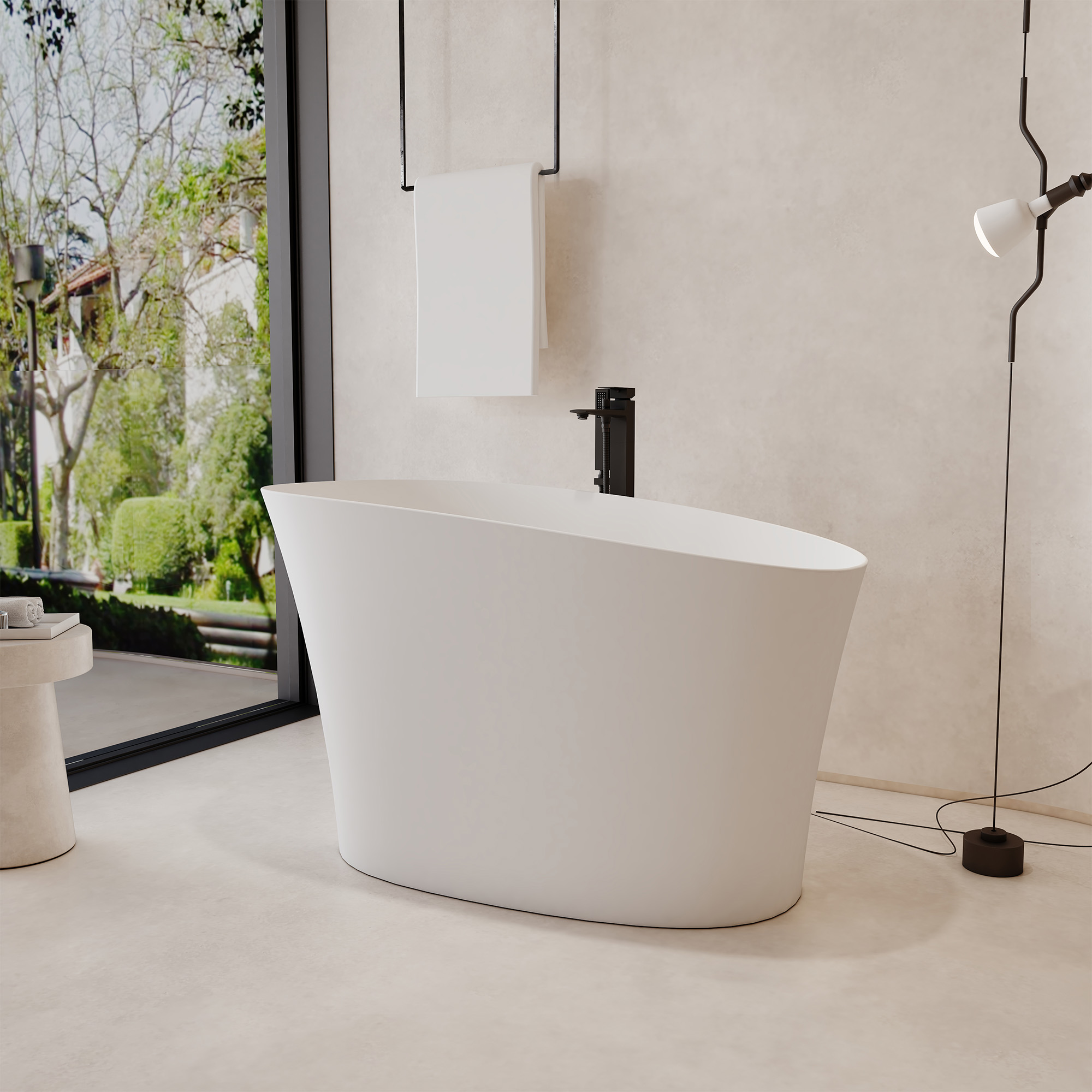 51" Solid Surface Freestanding Bathtub with Raised Edge and Built-in Mini Seat