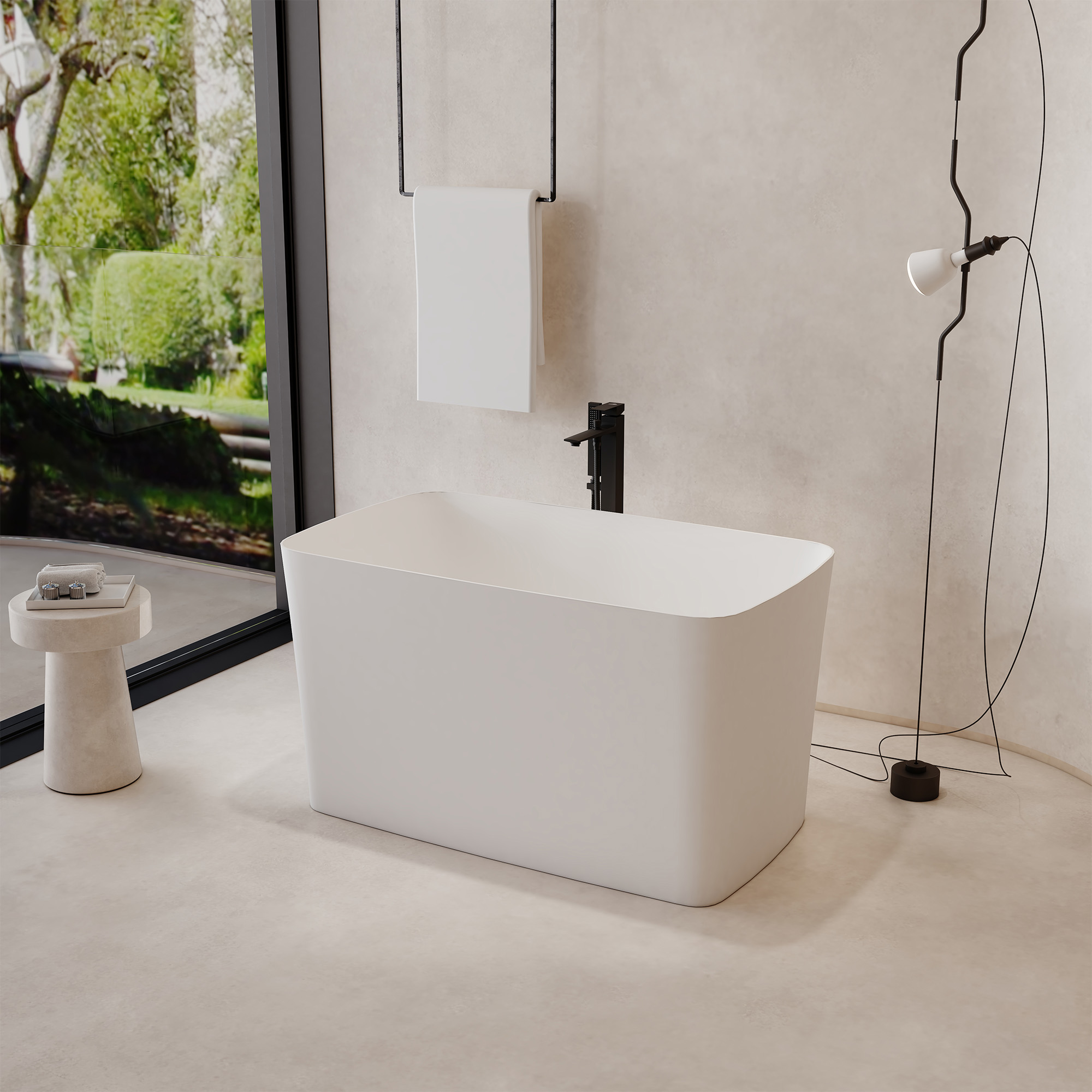 47" Compact Solid Surface Freestanding Bathtub with Mini-Seat Design
