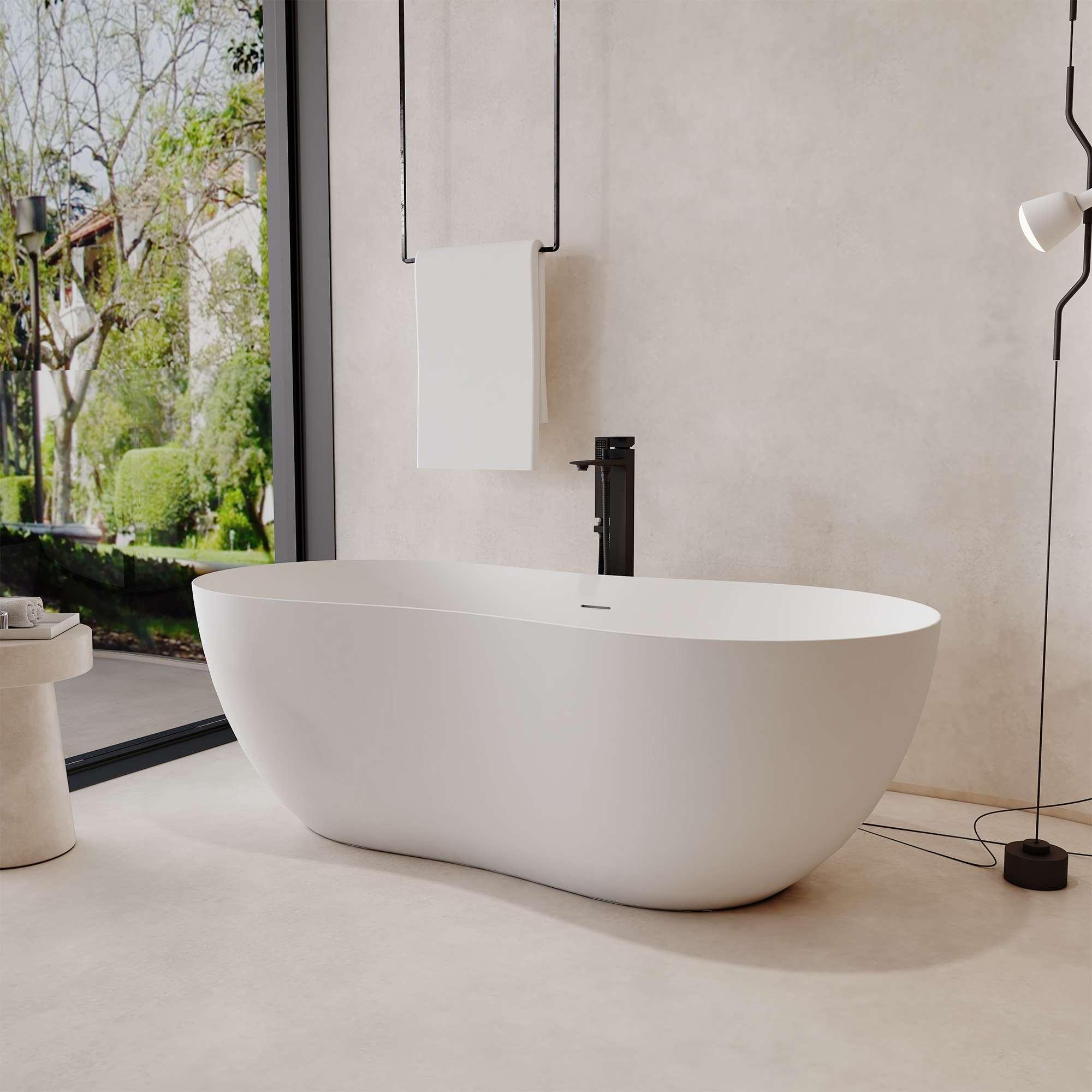 67" Solid Surface Freestanding Soaking Bathtub with Unique Peanut Shape