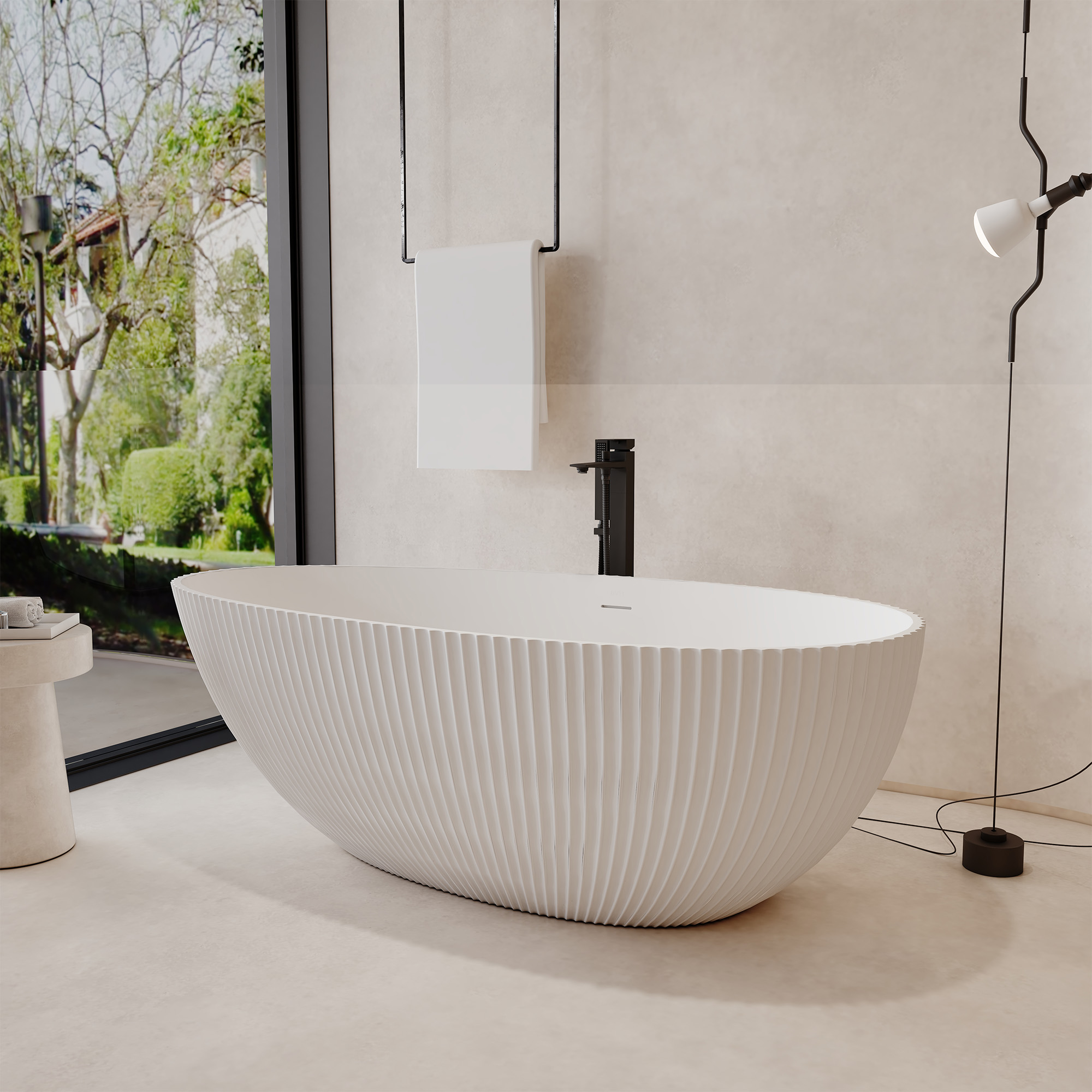 67" Solid Surface Freestanding Soaking Bathtub with Ribbed Textured Design