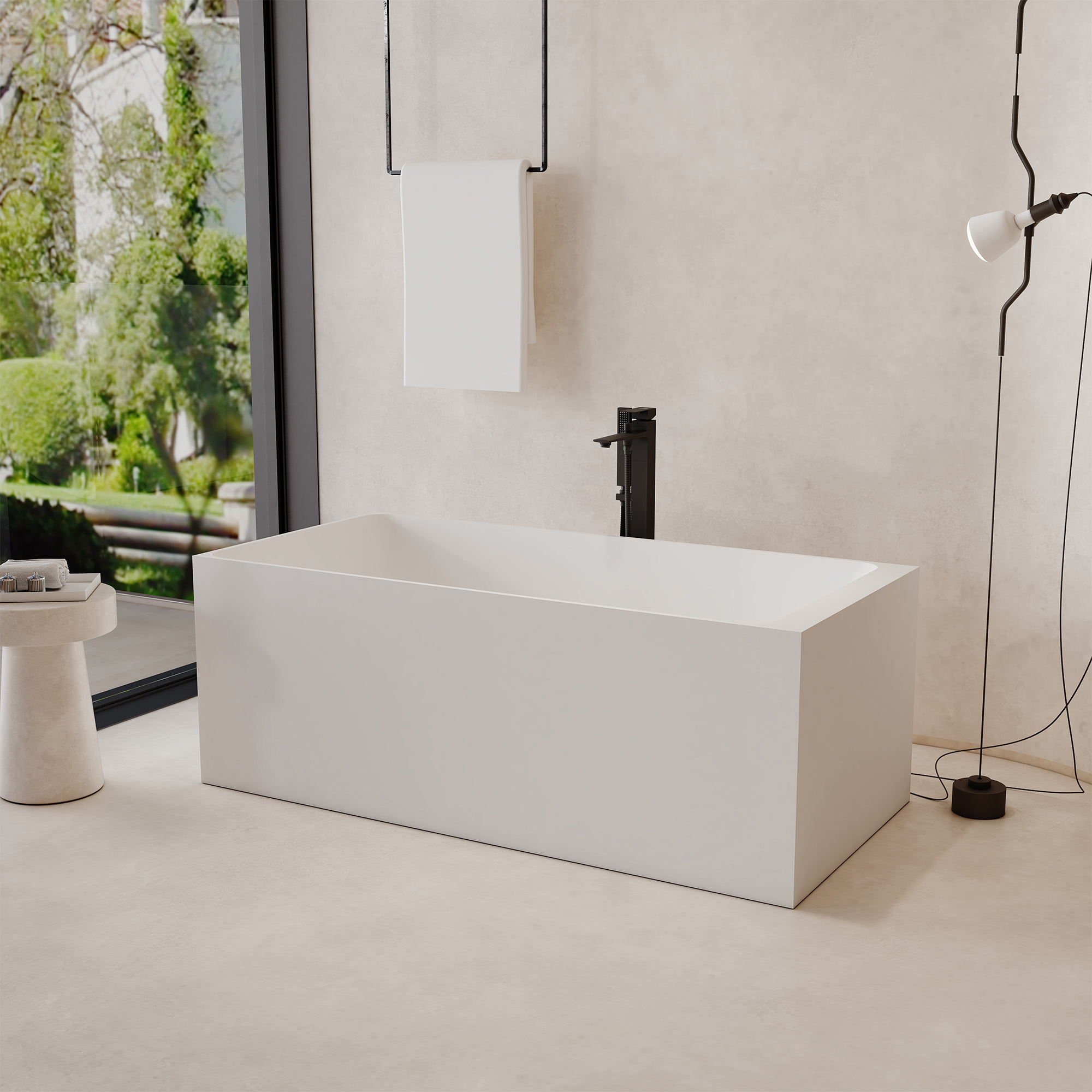 59" Rectangular Solid Surface Freestanding Bathtub with Sloped Backrest