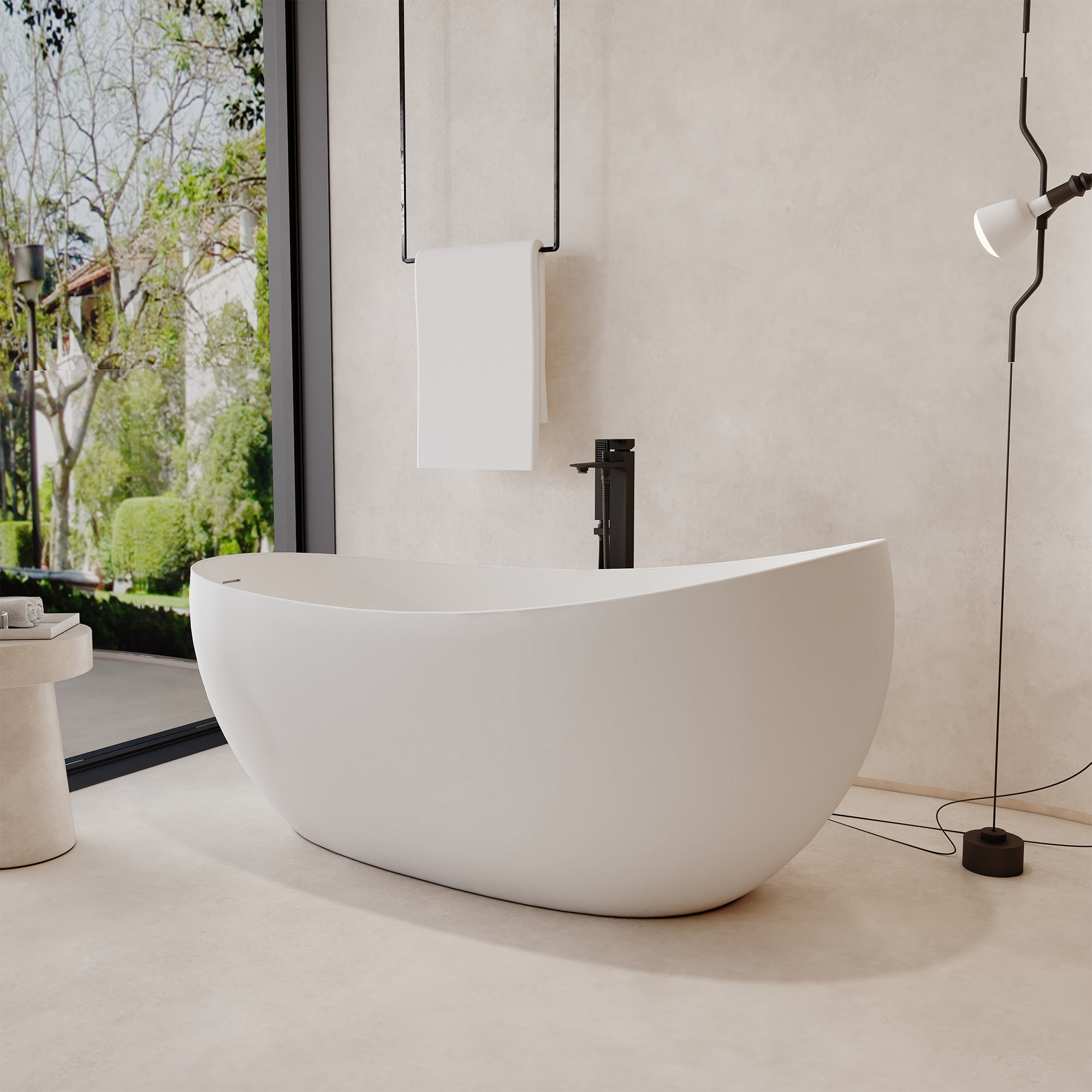 63" Solid Surface Freestanding Soaking Bathtub with High Backrest