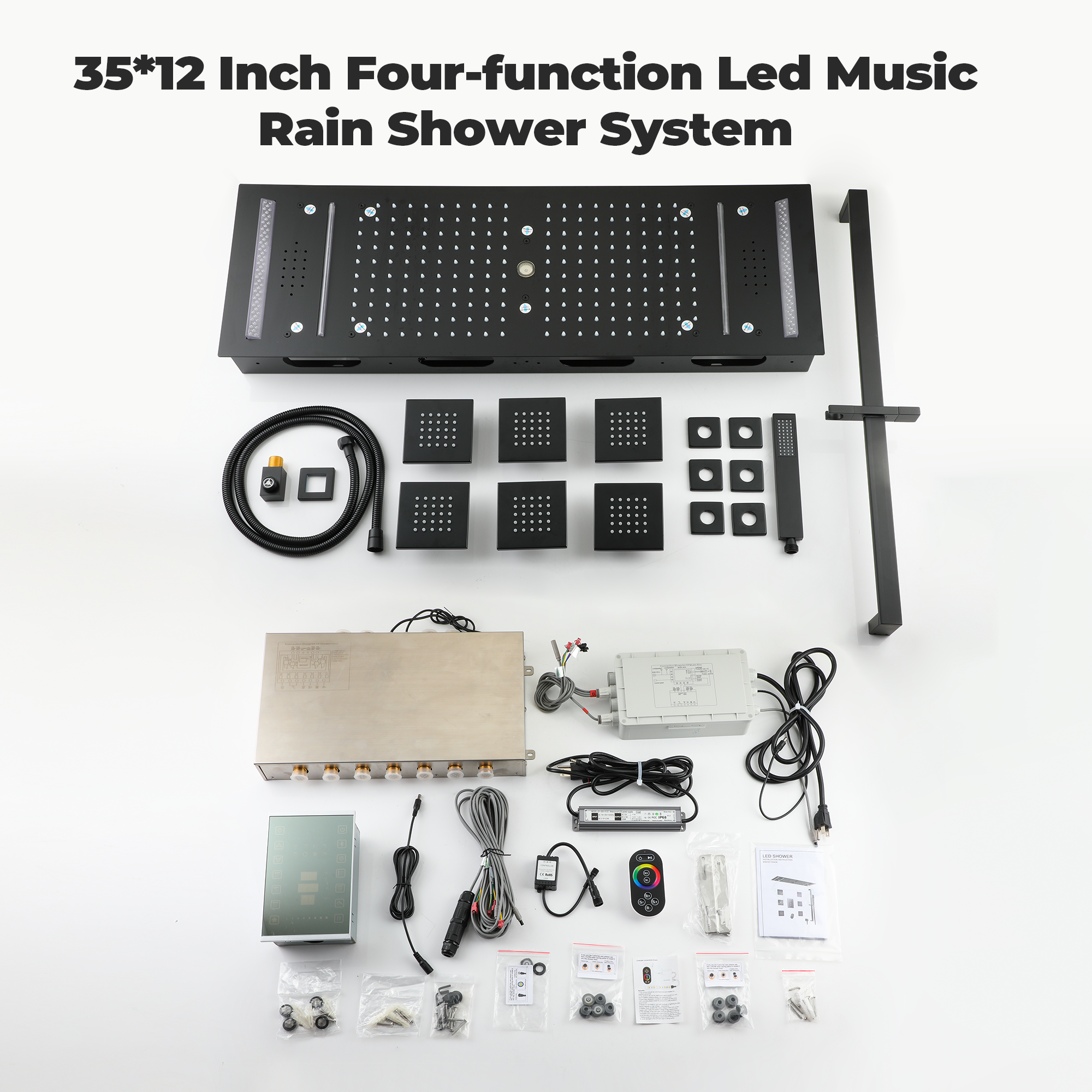 35*12 inch 6-Function Thermostatic Shower System with Digital Touch Screen & LED Lights