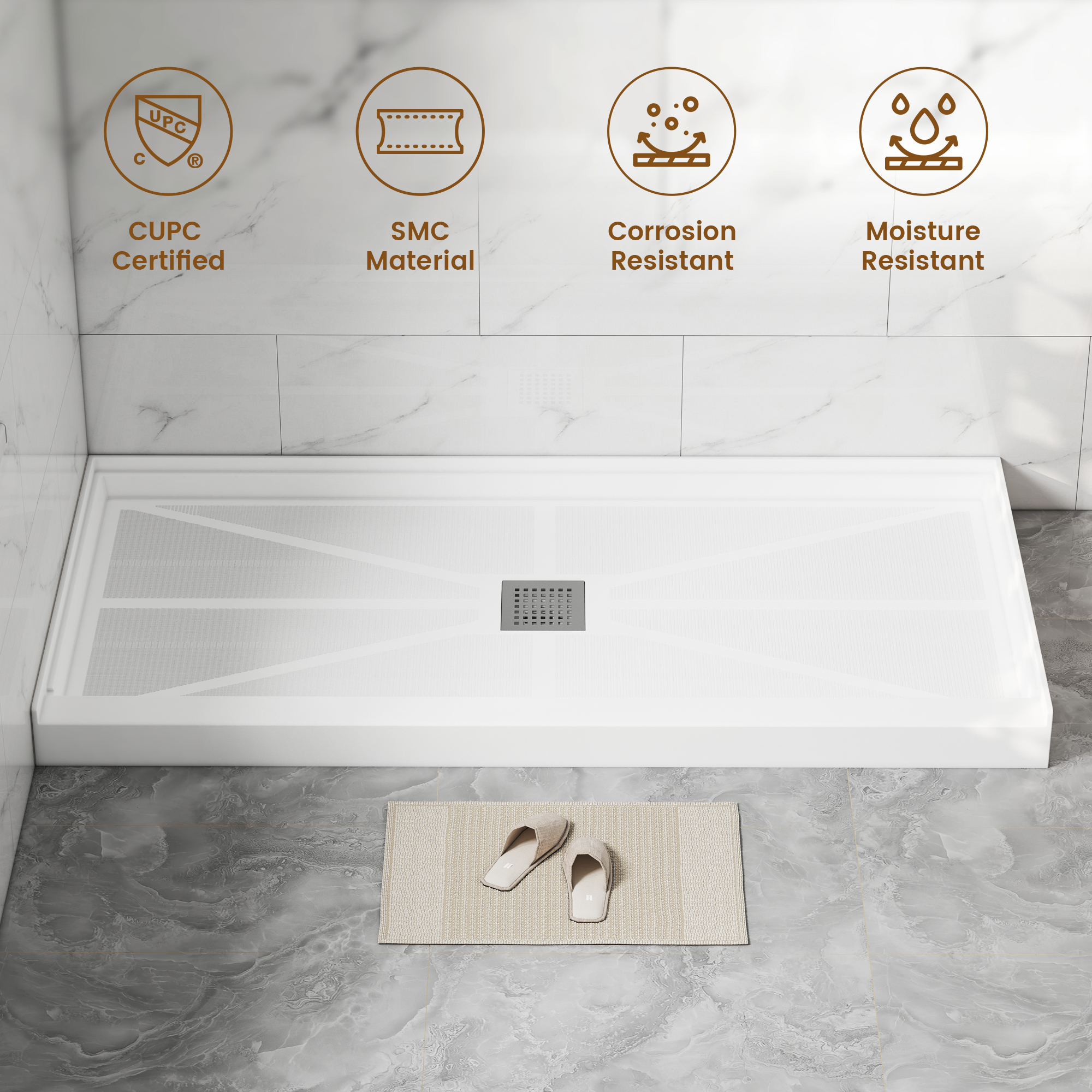 Rectangle SMC White Shower Pan Base with Center Drain