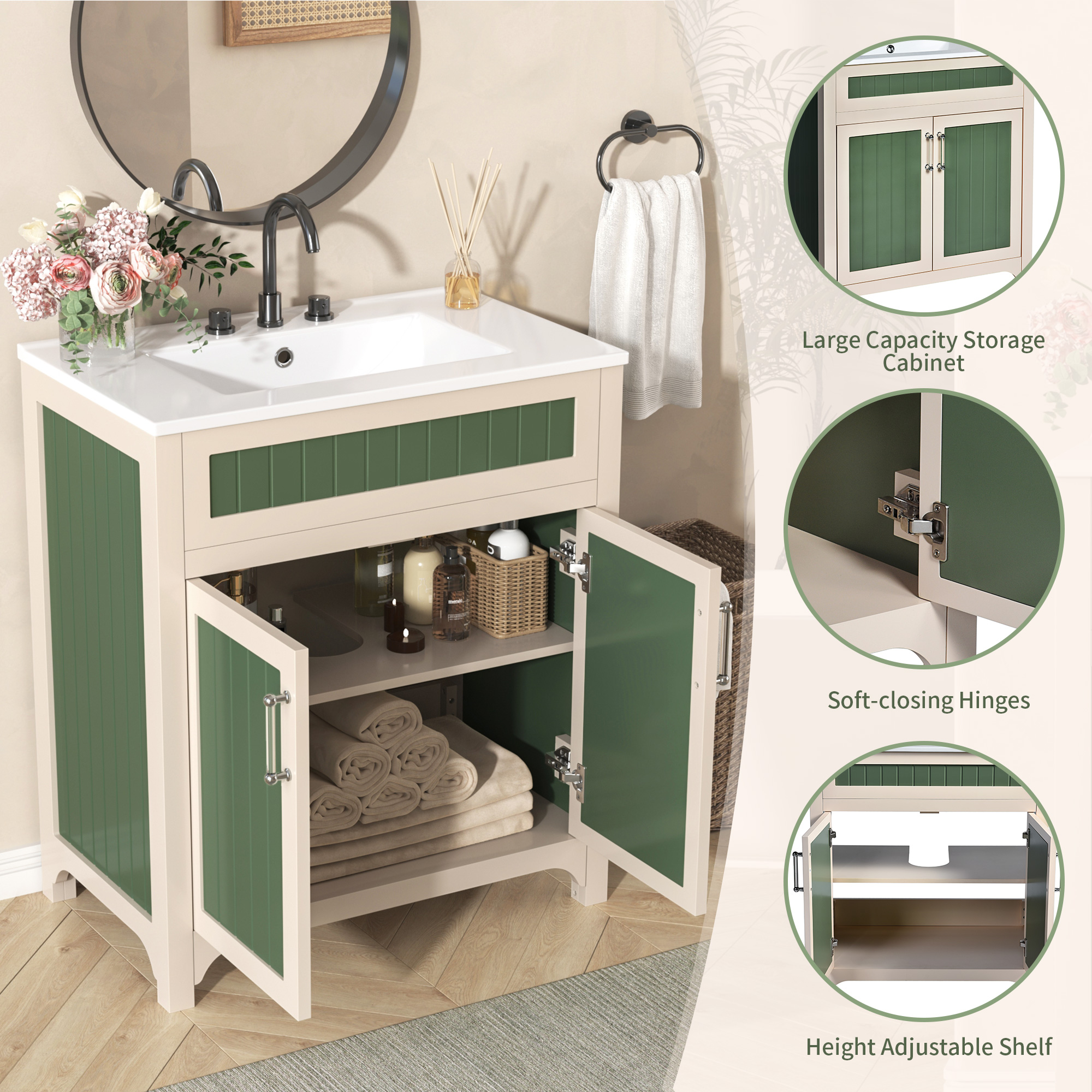 24"/30" Wooden Bathroom Vanity Cabinet with Ceramic Sink Combo Set