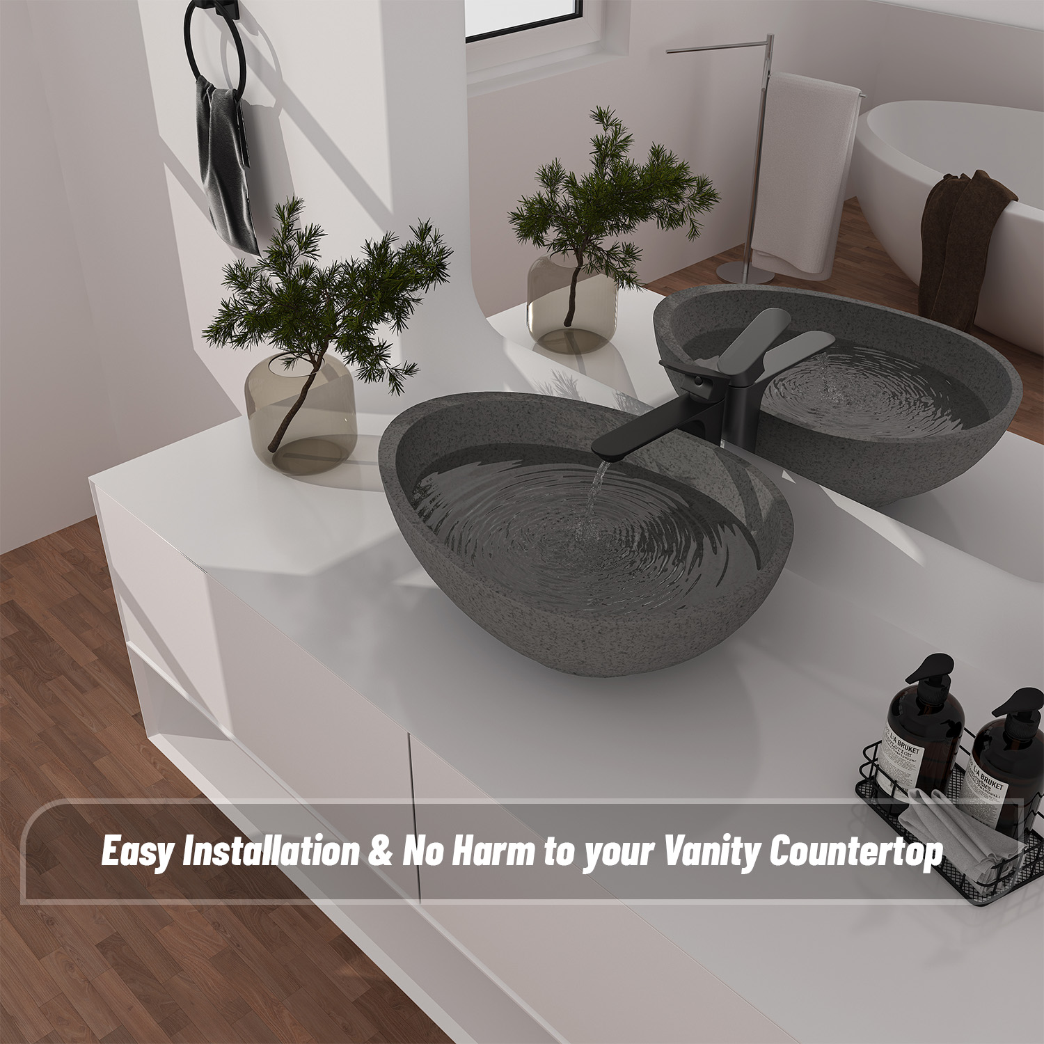 CASAINC 21in Bathroom Egg-shaped Concrete Vessel Sink With Drainer in Black Earth / Mottled Bluish Grey / Blue Ashes