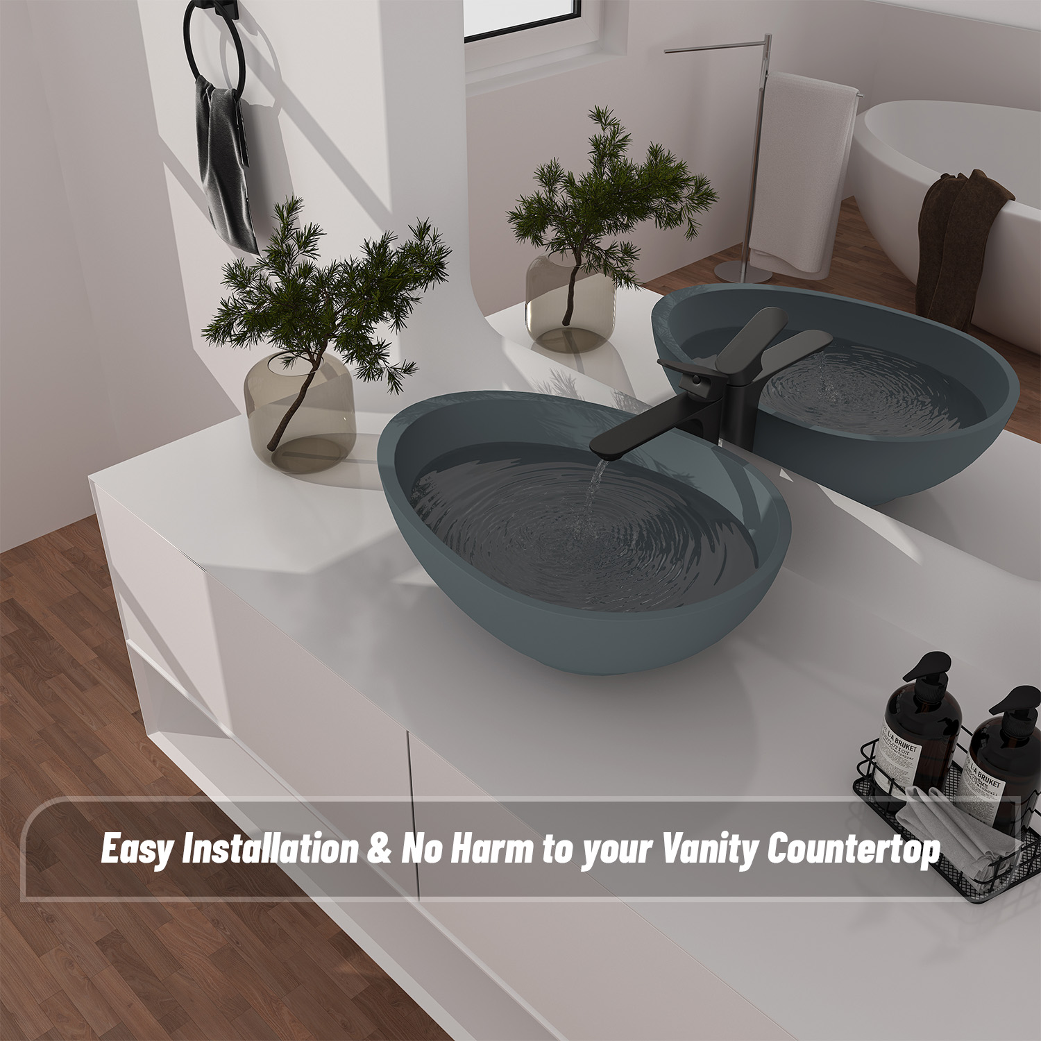 CASAINC 21in Bathroom Egg-shaped Concrete Vessel Sink With Drainer in Black Earth / Mottled Bluish Grey / Blue Ashes