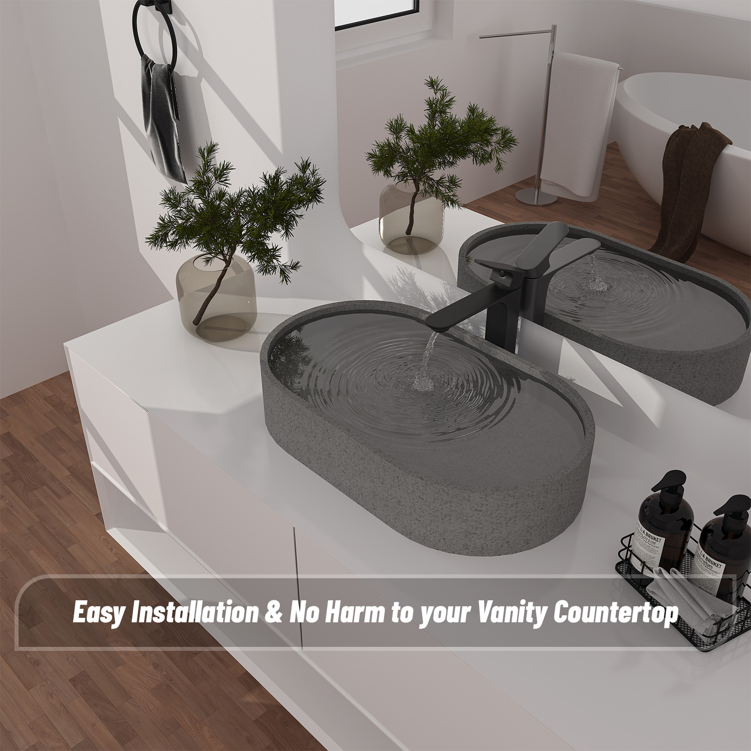 CASAINC 23in Bathroom Concrete Oval Vessel Sink with Drainer in Black Earth / Mottled Bluish Grey / Cold Concrete Grey