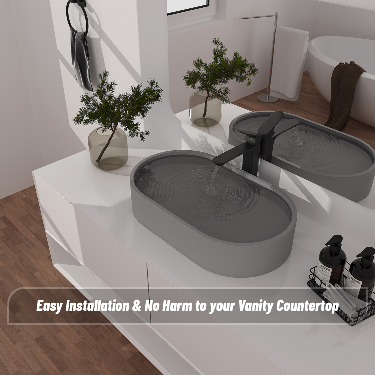 CASAINC 23in Bathroom Concrete Oval Vessel Sink with Drainer in Black Earth / Mottled Bluish Grey / Cold Concrete Grey