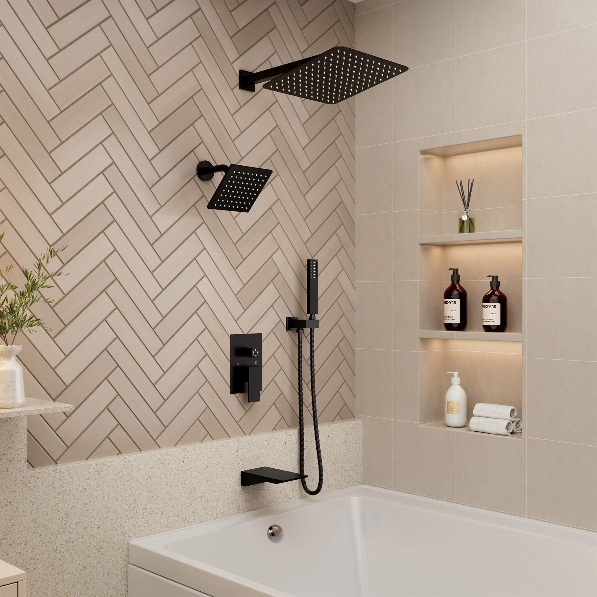 12-inch 4-Function Dual Shower Head System with Tub Spout