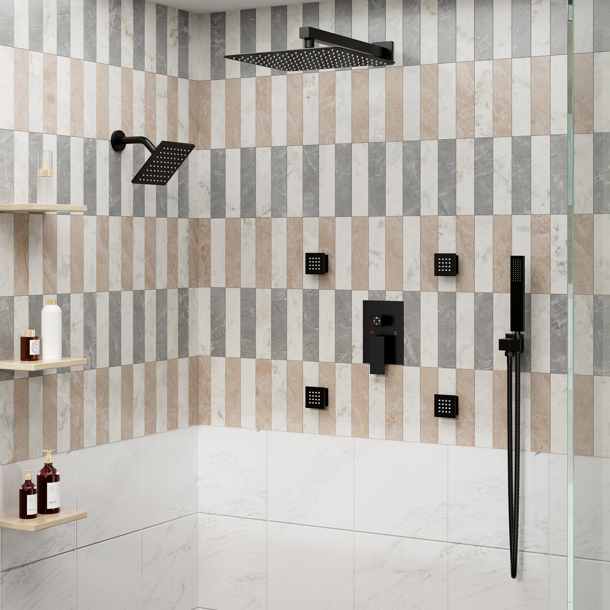 12-inch Wall-Mounted 4-Function Dual Shower System with Body Jets