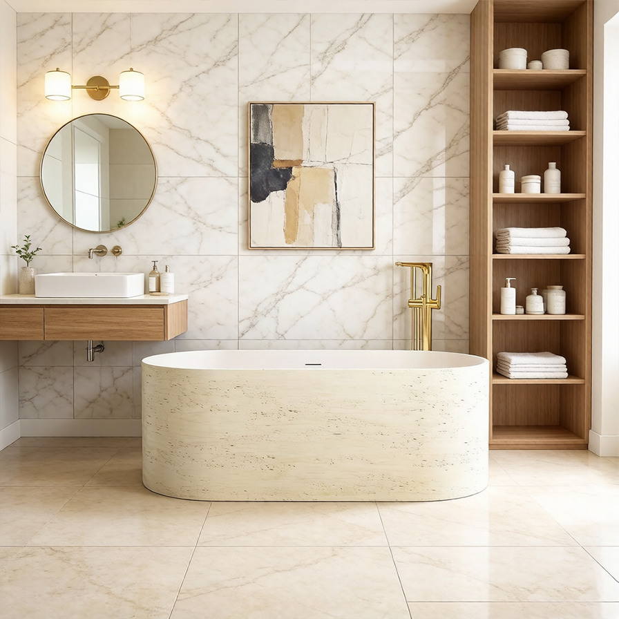 63" Travertine-Inspired Solid Surface Freestanding Bathtub with Handcrafted Texture