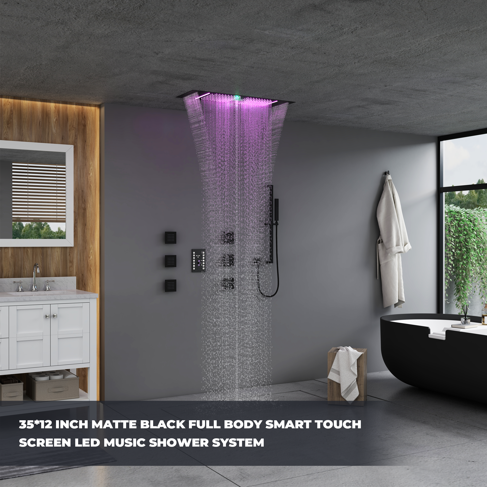 35*12 inch 6-Function Thermostatic Shower System with Digital Touch Screen & LED Lights
