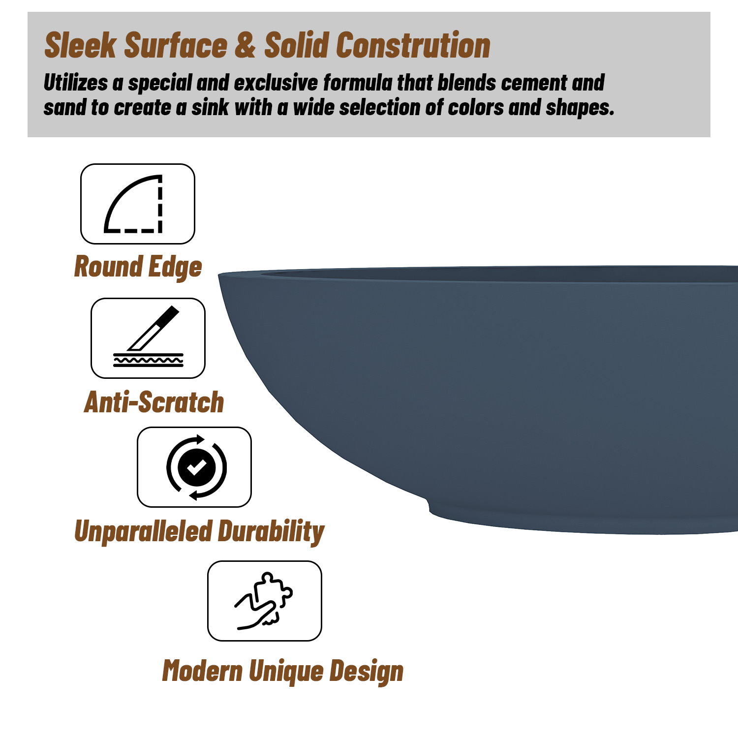 CASAINC 21in Bathroom Egg-shaped Concrete Vessel Sink With Drainer in Black Earth / Mottled Bluish Grey / Blue Ashes