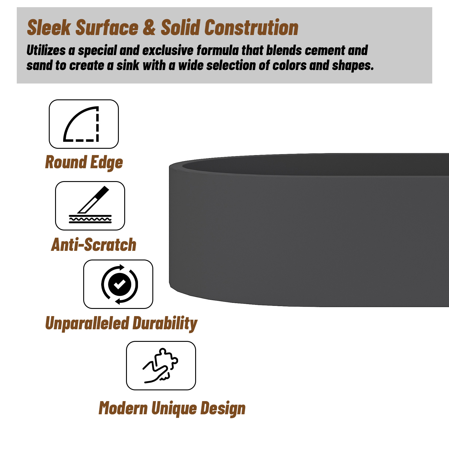 CASAINC 23in Bathroom Concrete Oval Vessel Sink with Drainer in Black Earth / Mottled Bluish Grey / Cold Concrete Grey