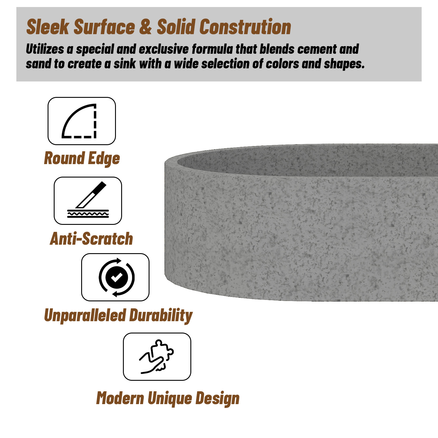 CASAINC 23in Bathroom Concrete Oval Vessel Sink with Drainer in Black Earth / Mottled Bluish Grey / Cold Concrete Grey