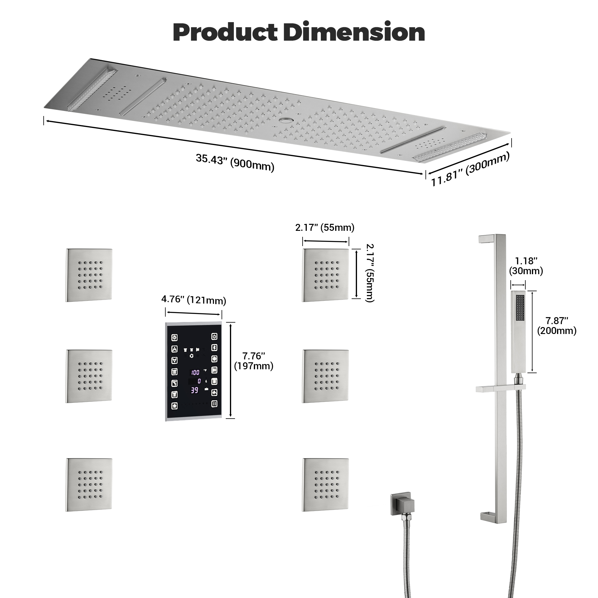 35" x 12" 6-Function Thermostatic Shower System with Digital Touch Screen & LED Lights
