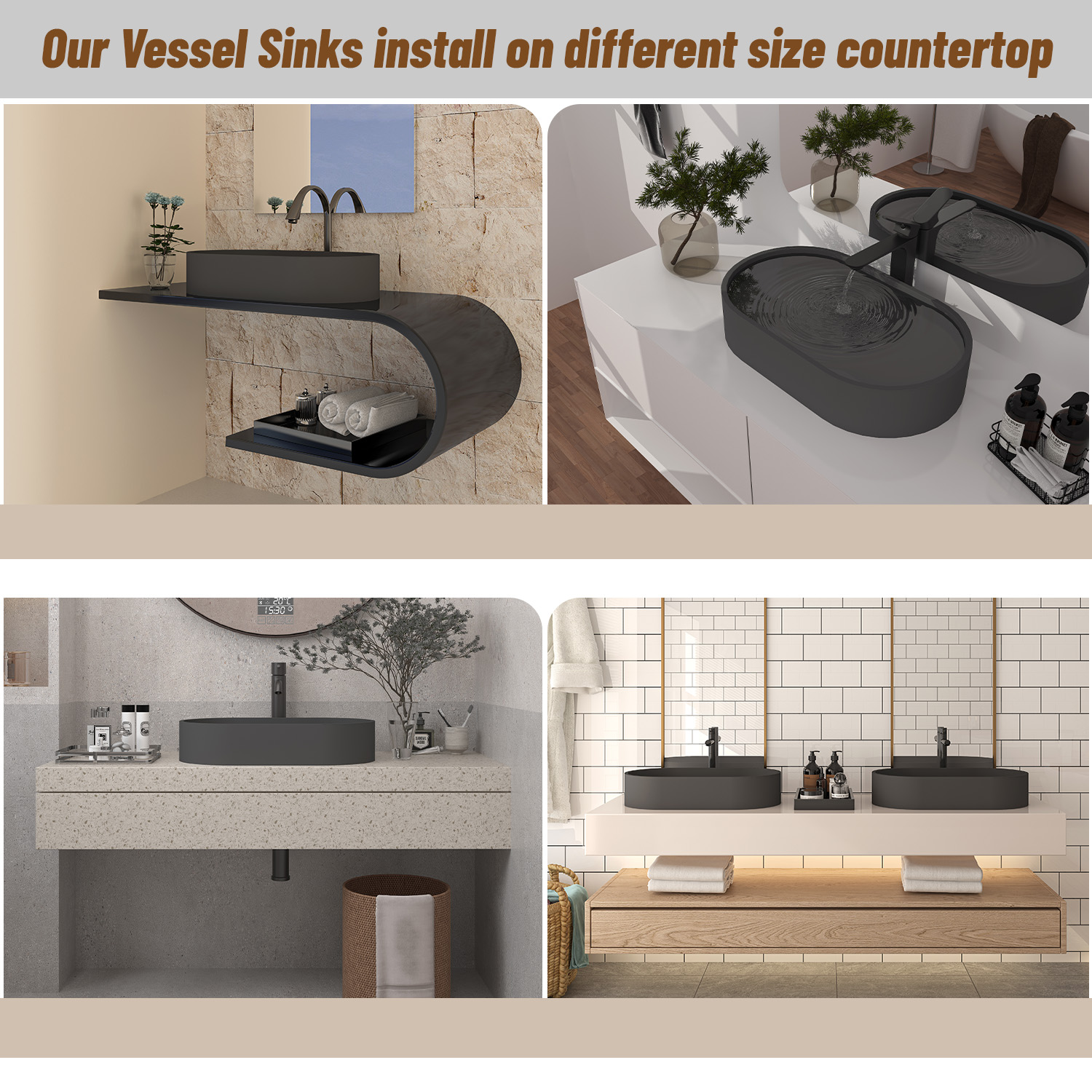 CASAINC 23in Bathroom Concrete Oval Vessel Sink with Drainer in Black Earth / Mottled Bluish Grey / Cold Concrete Grey