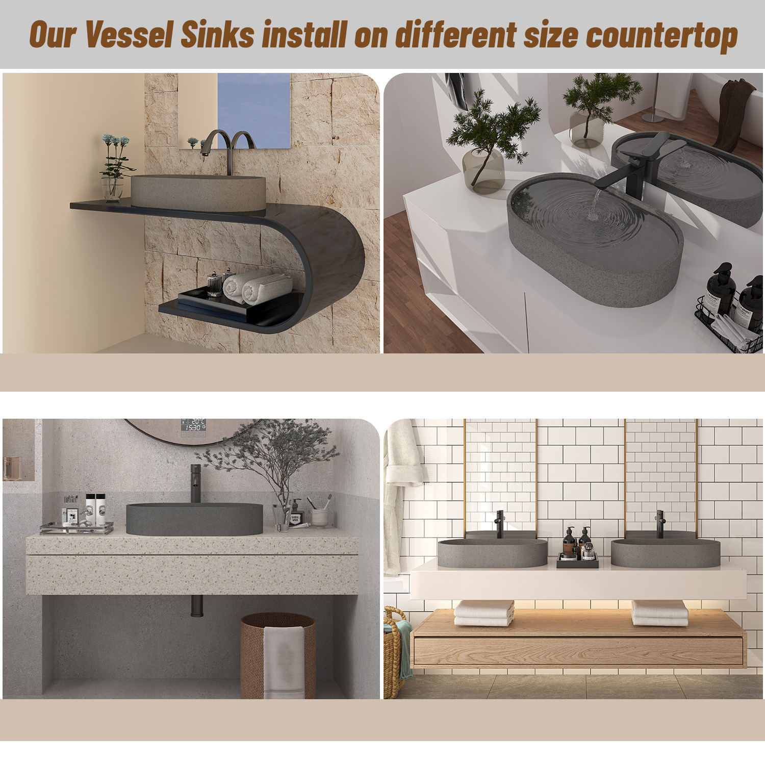 CASAINC 23in Bathroom Concrete Oval Vessel Sink with Drainer in Black Earth / Mottled Bluish Grey / Cold Concrete Grey