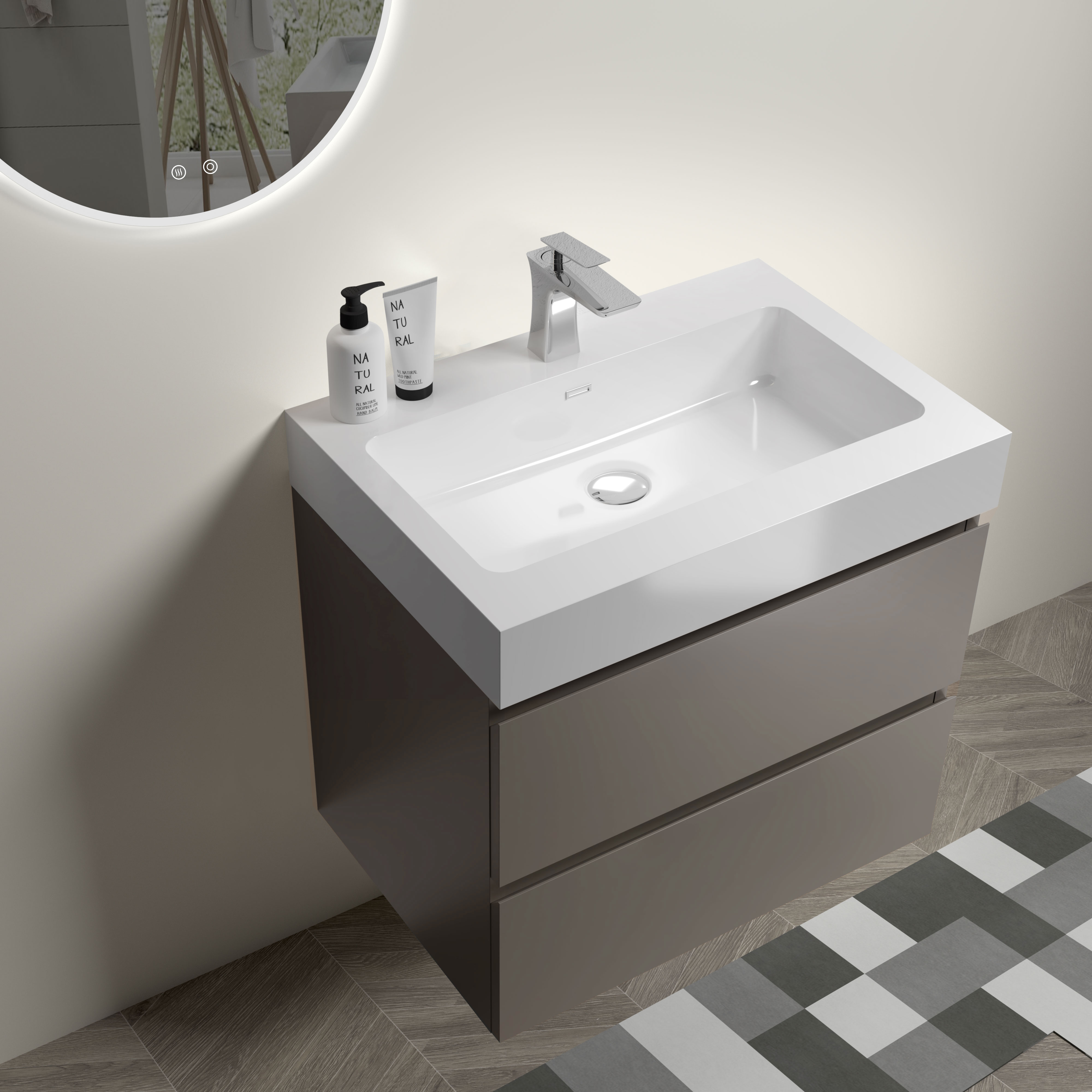 24"/30"/36" Wall-Mounted Gray Bathroom Vanity with White One-Piece Sink Basin
