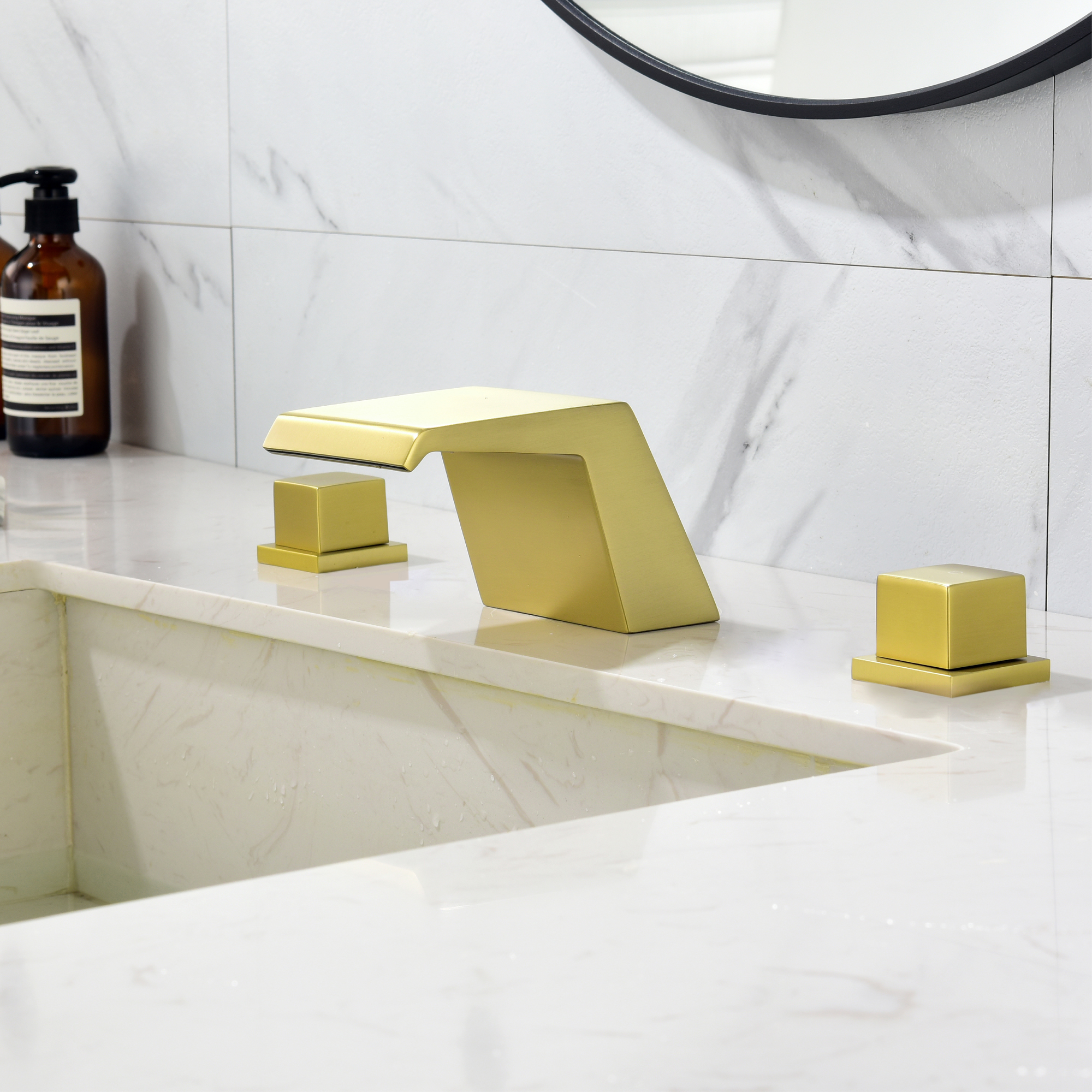 8" Widespread Solid Brass Double Handle Bathroom Faucet with Waterfall Spout