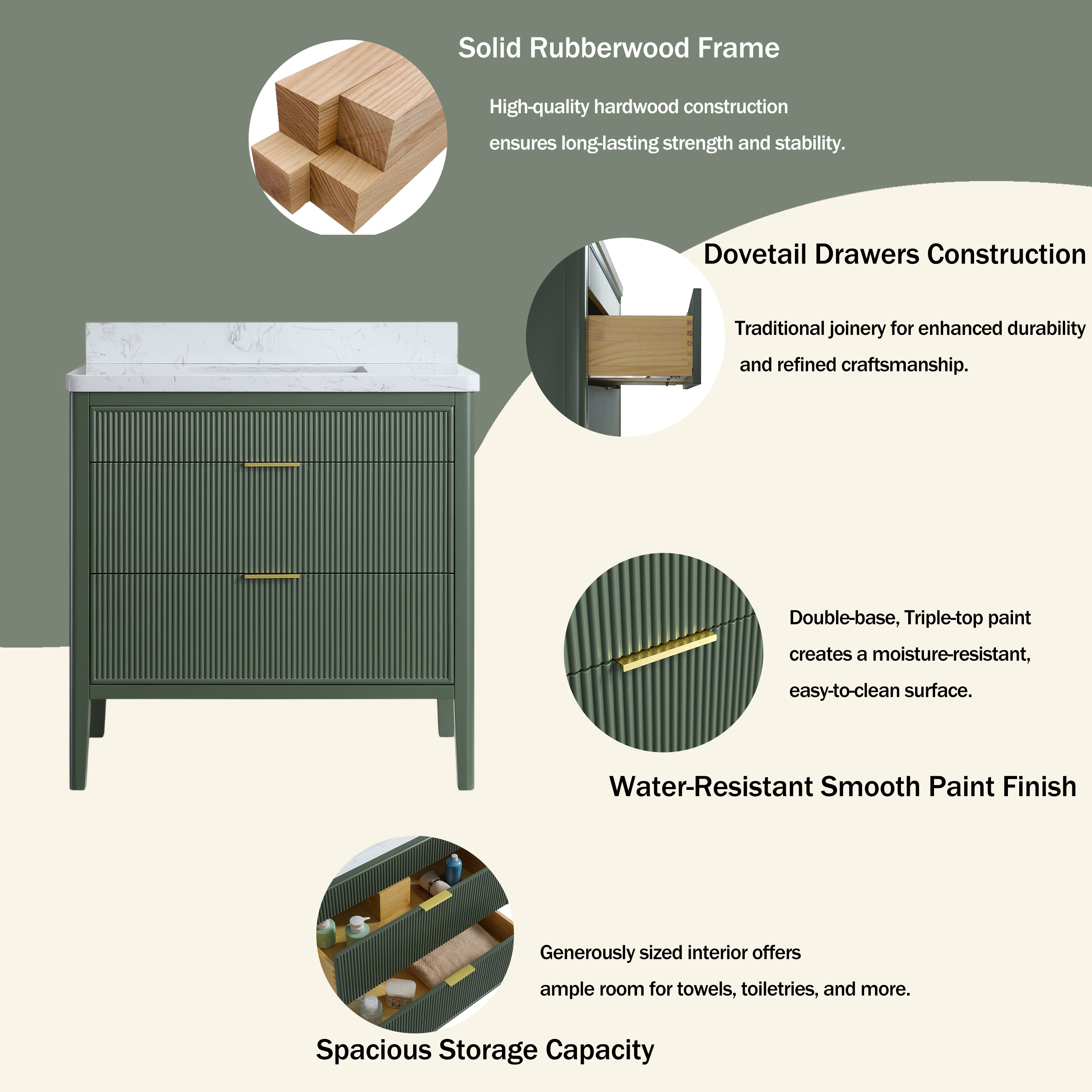 30"/36"/48" Freestanding Single Sink Bathroom Vanity with Solid Wood Construction & Marble Top