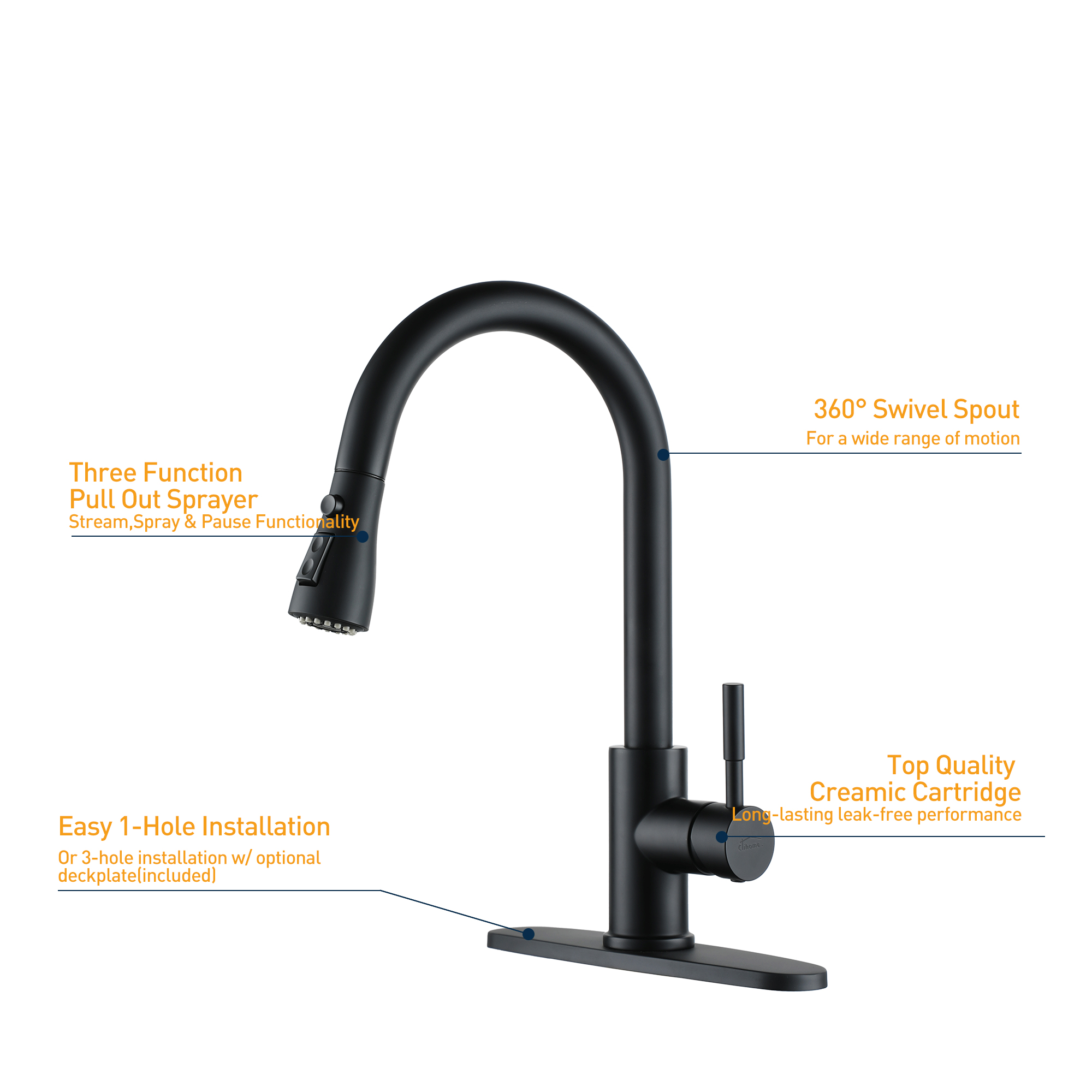 Pull Down Kitchen Faucet Modern Design with Deck Plate Easy Installation for Single or Three Hole