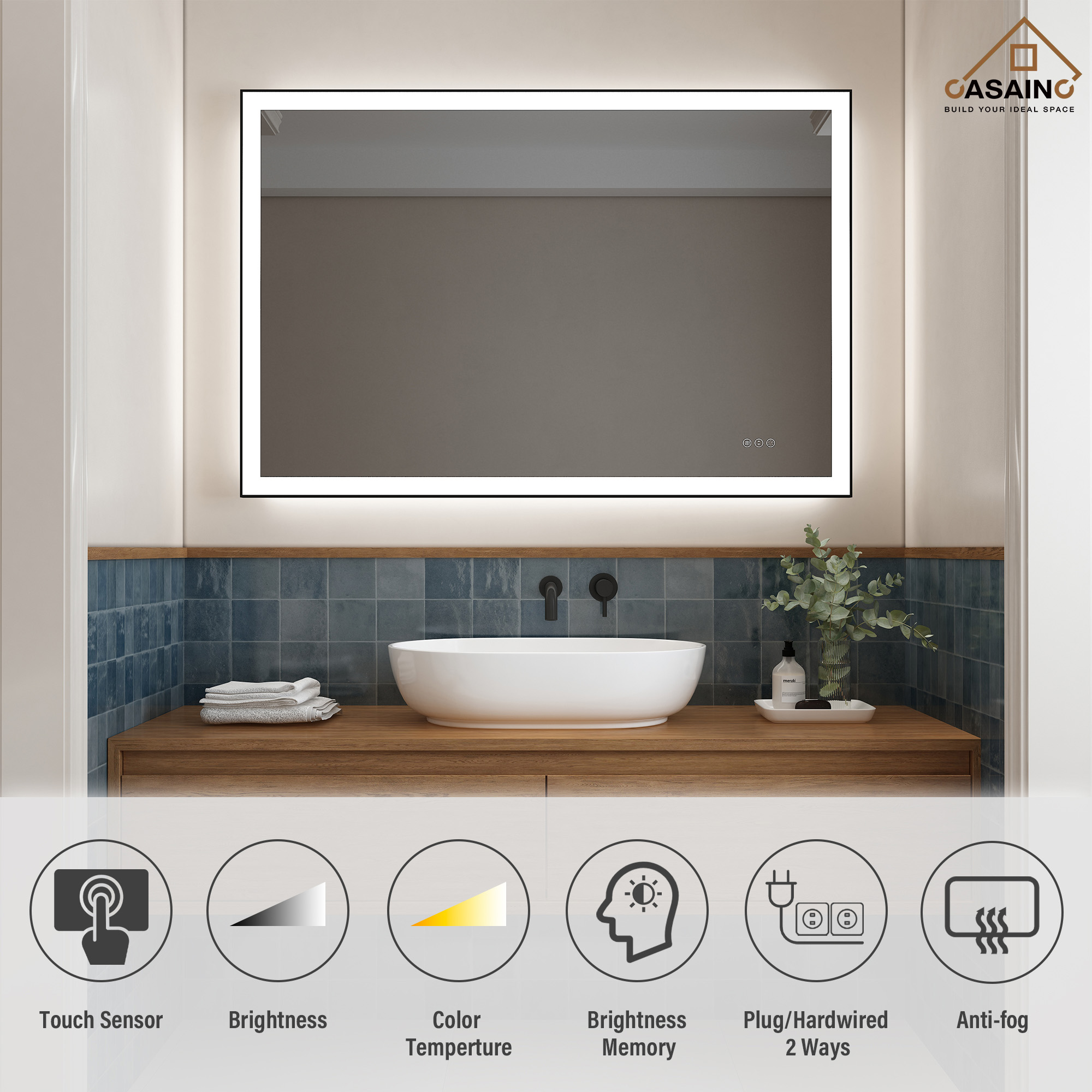 Tempered Glass LED Mirror with Aluminum Frame for Bathroom Vanity
