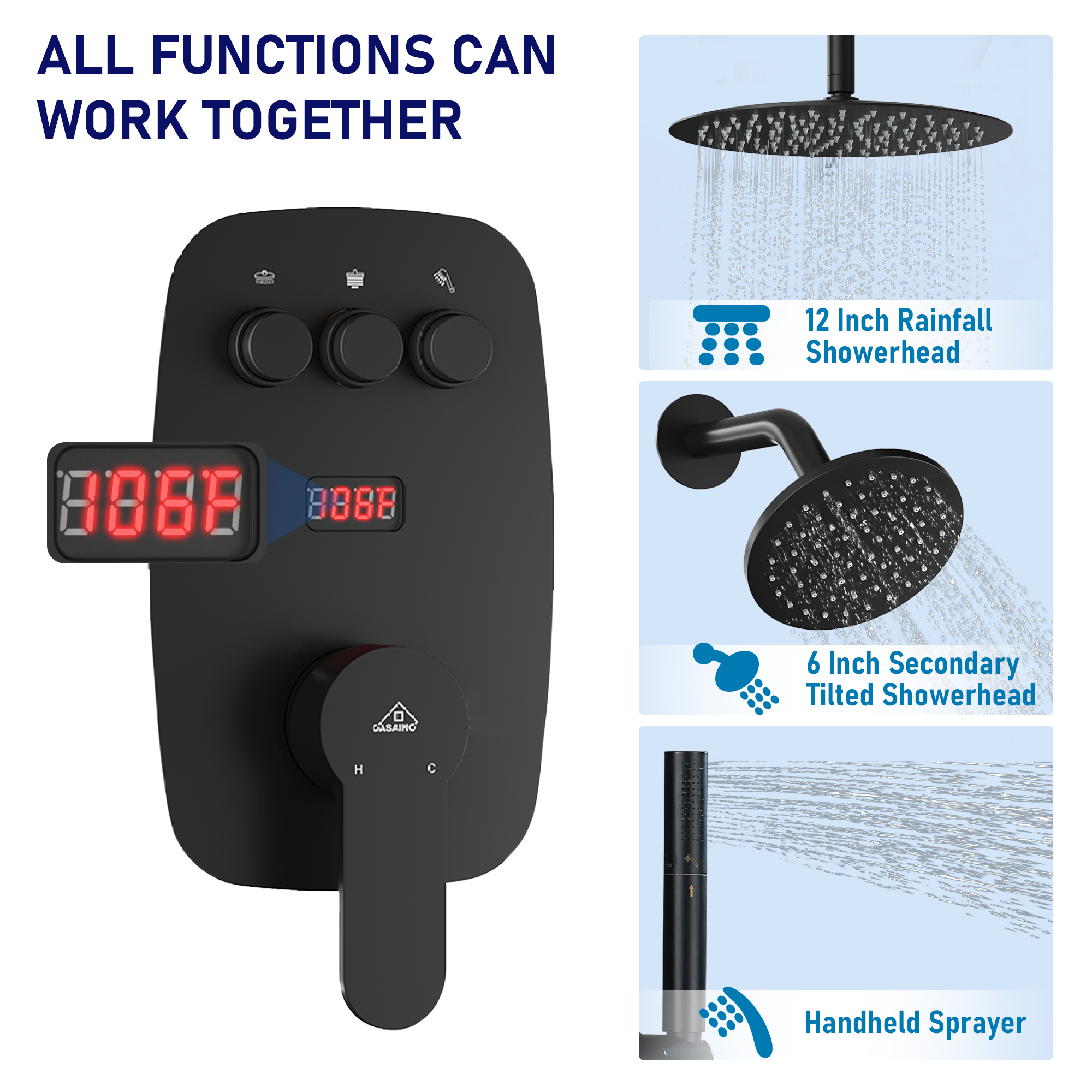 12" Ceiling-Mounted Dual Shower System with Slide Bar & Digital Display